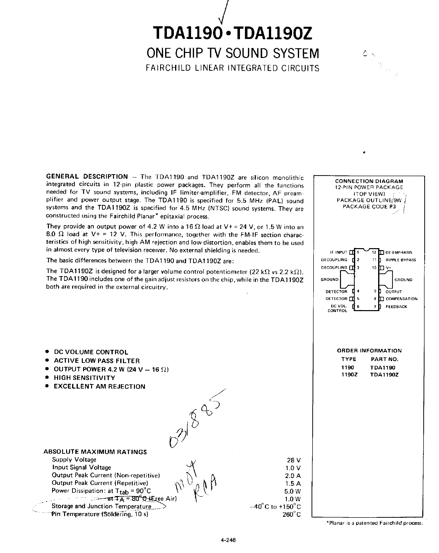 Datasheet TDA1190 - TV Sound System page 1