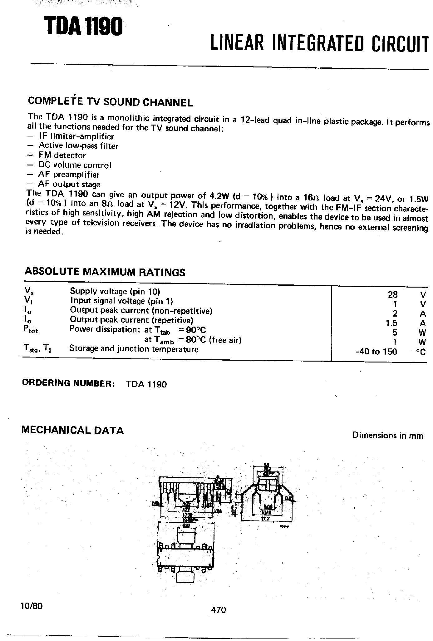 Datasheet TDA1190 - TV Sound System page 1