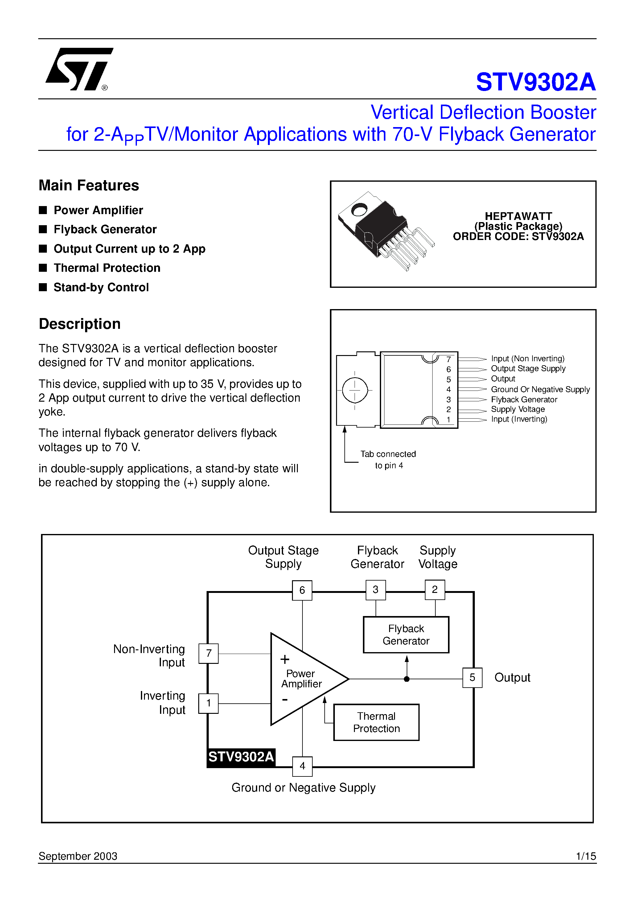 Даташит STV9302A - VERTICAL DEFLECTION OUTPUT FOR MONITOR / TV 2 App / 60 V WITH FLYBACK GENERATOR страница 1