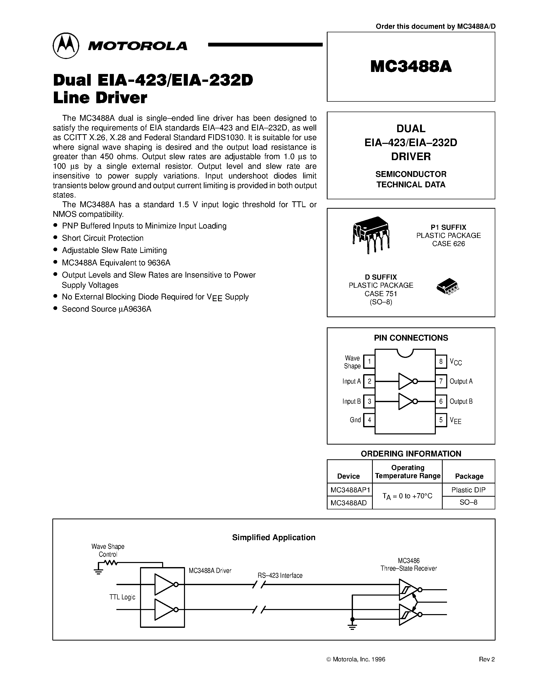 Даташит MC3488A - DUAL EIA-423/EIA-232D DRIVER страница 1