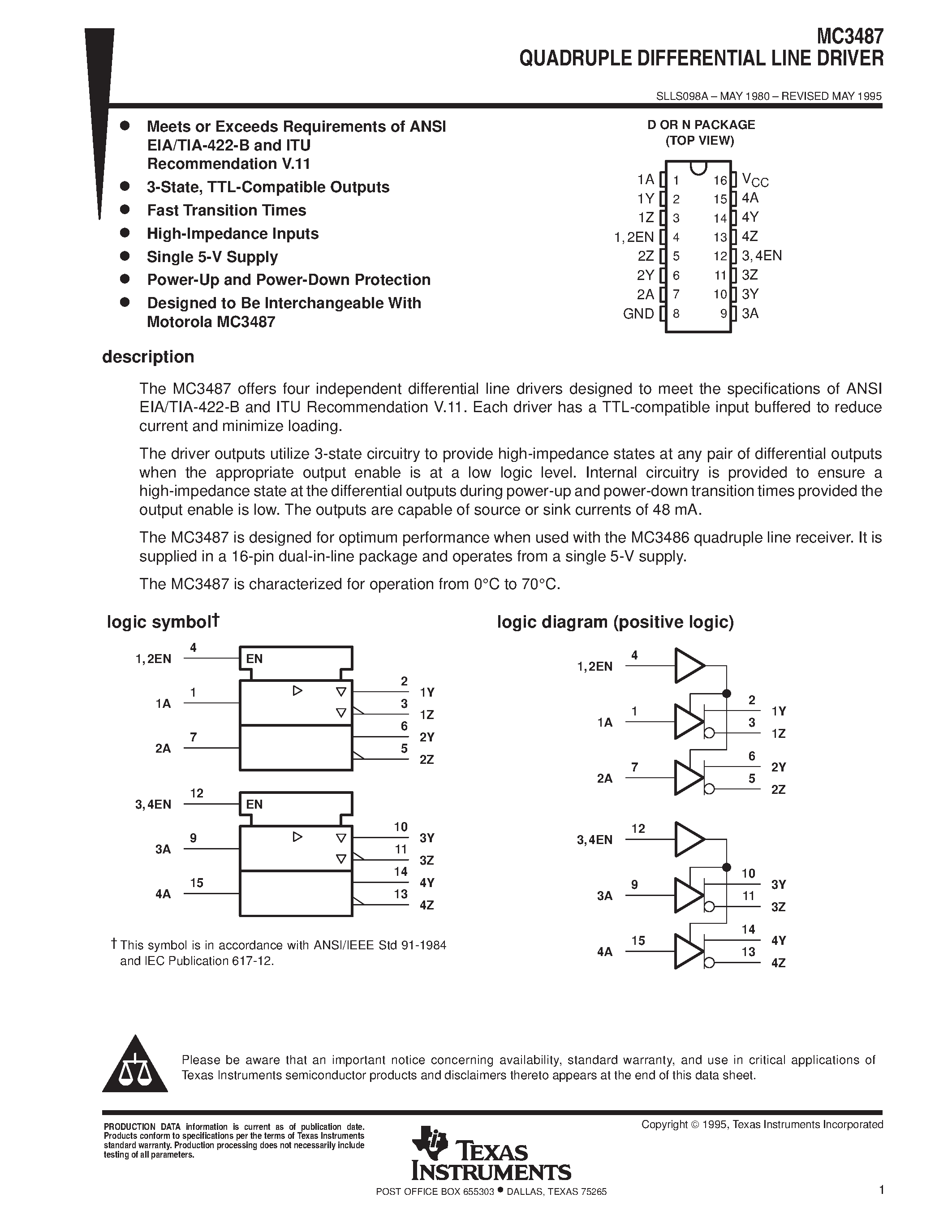 Даташит MC3487 - QUADRUPLE DIFFERENTIAL LINE DRIVER страница 1