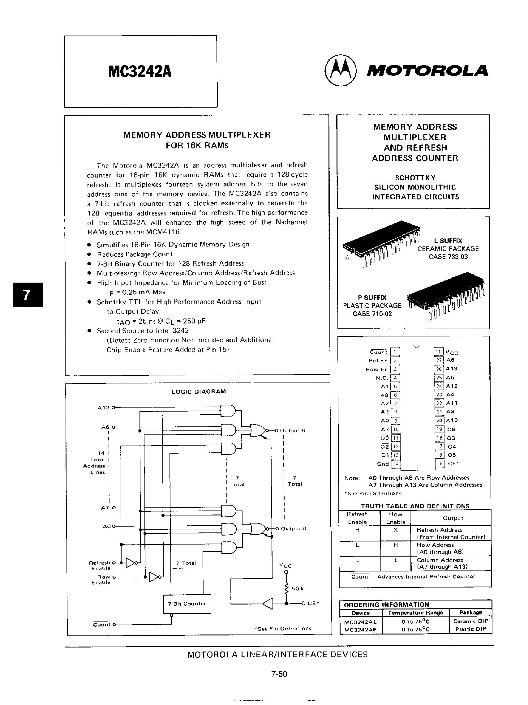 Даташит MC3242A - Memory Address Multiplexer for 16K RAMs страница 1