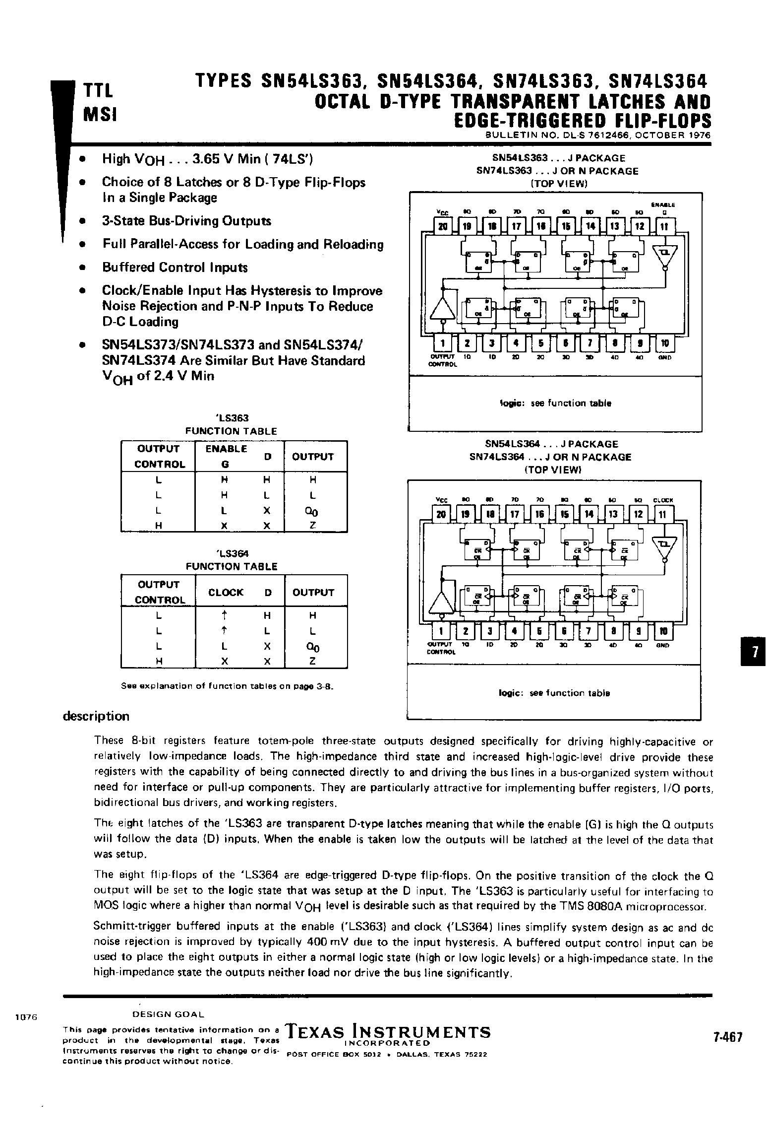 Даташит SN74LS364 - Octal D Type Transparent Latches and EDGE-Triggered F-F страница 1