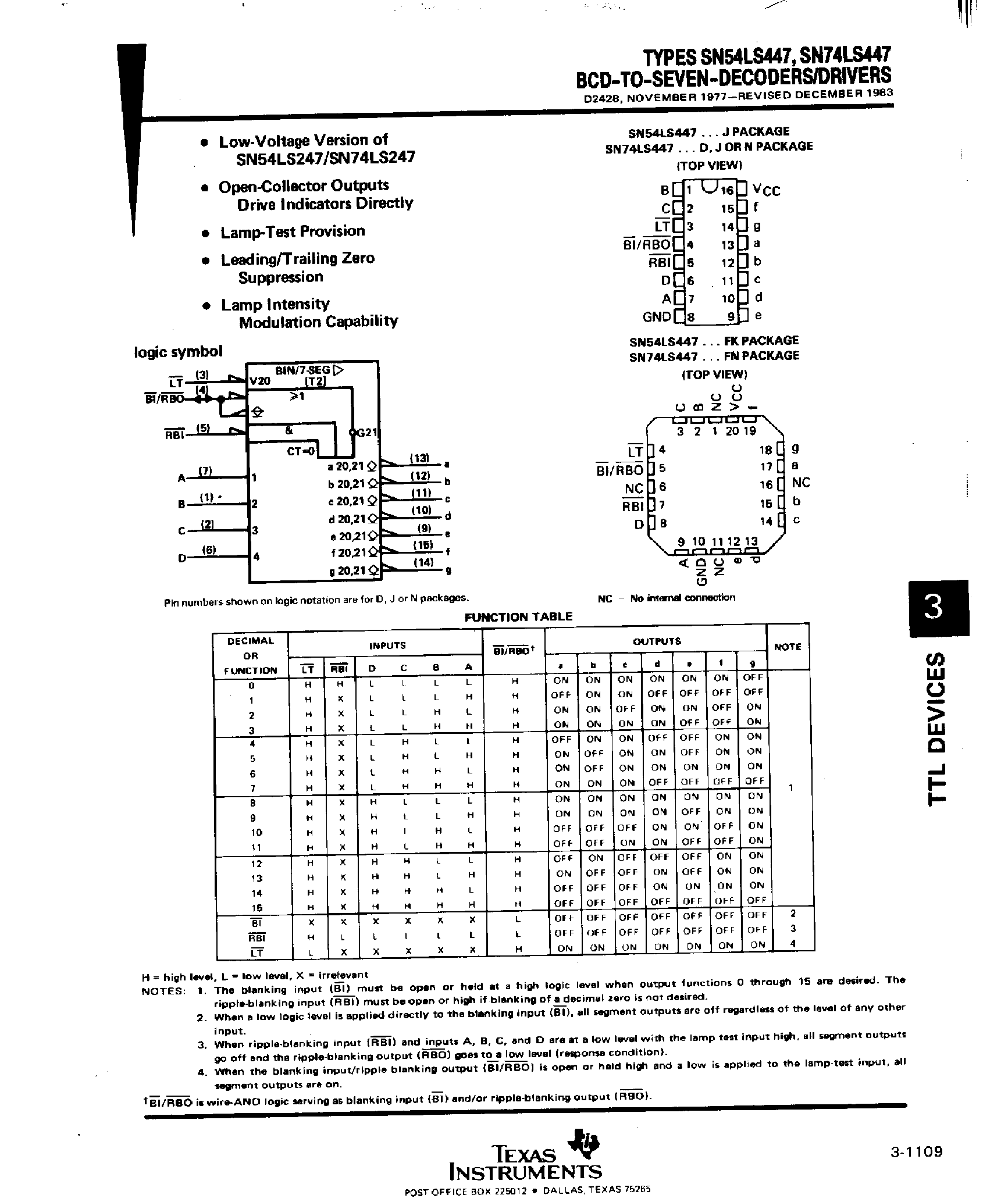 Даташит SN74LS447 - BCD to 7 Decoders / Drivers страница 1