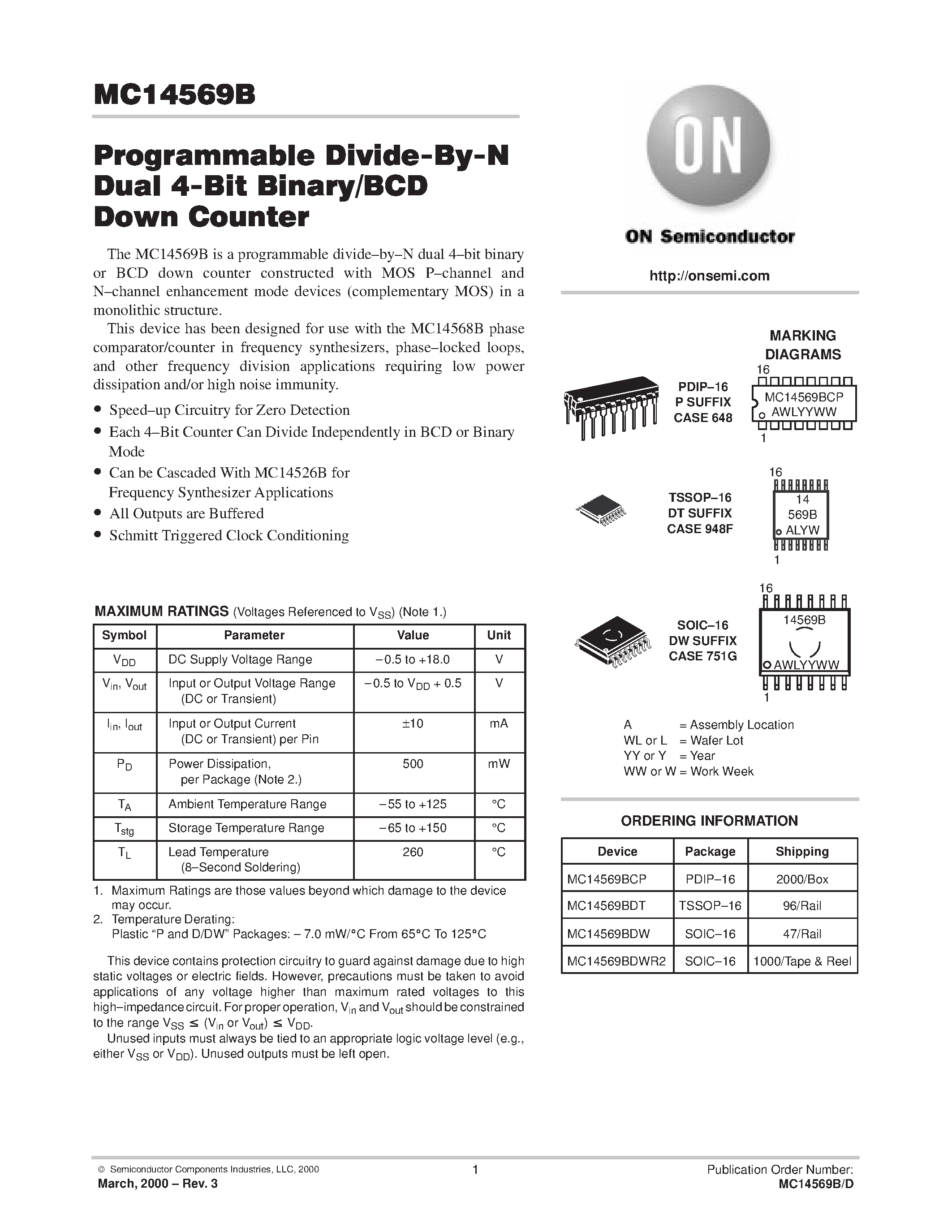 Даташит MC14569B - Programmable Divide-By-N Dual 4-Bit Binary/BCD Down Counter страница 1