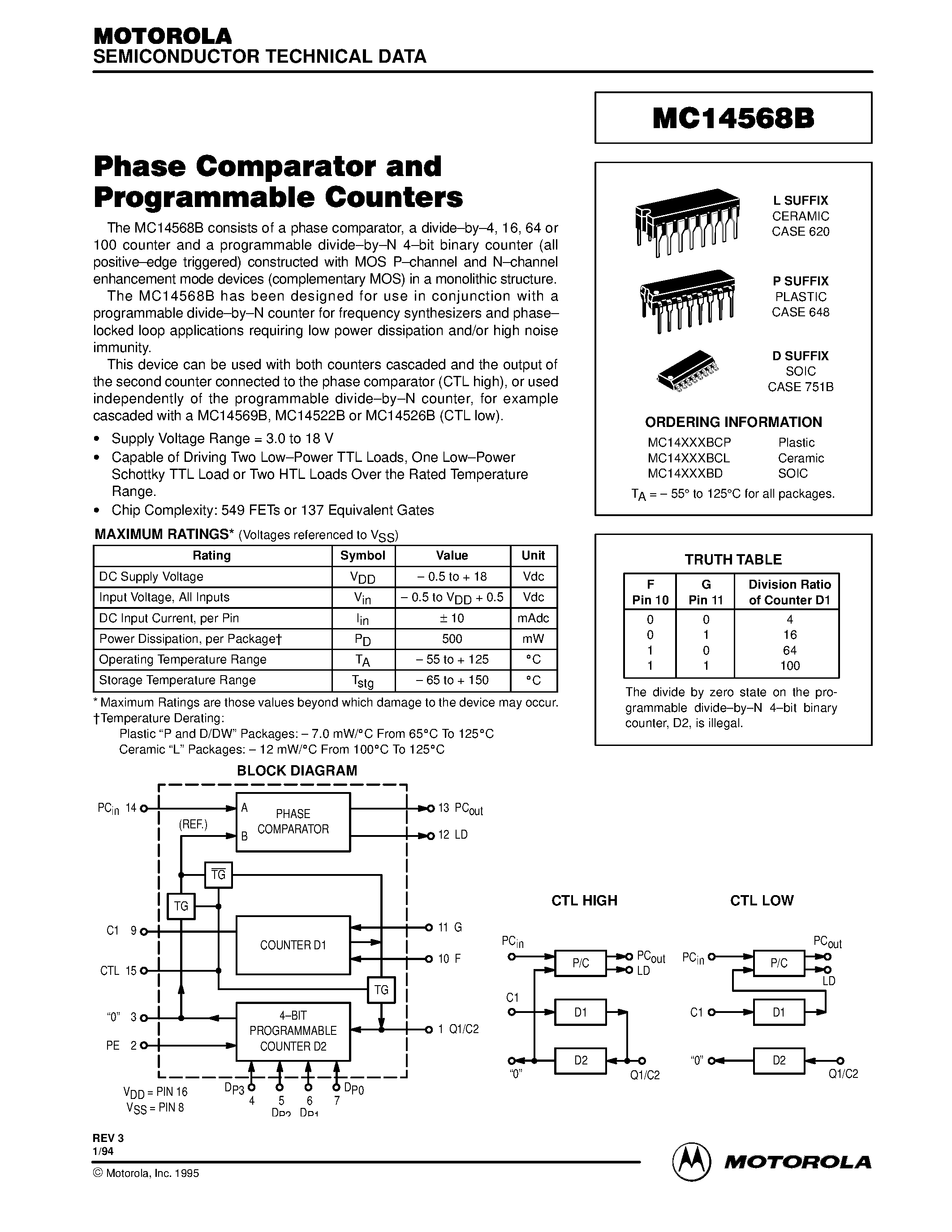 Даташит MC14568B - Phase Comparator and Programmable Counters страница 1