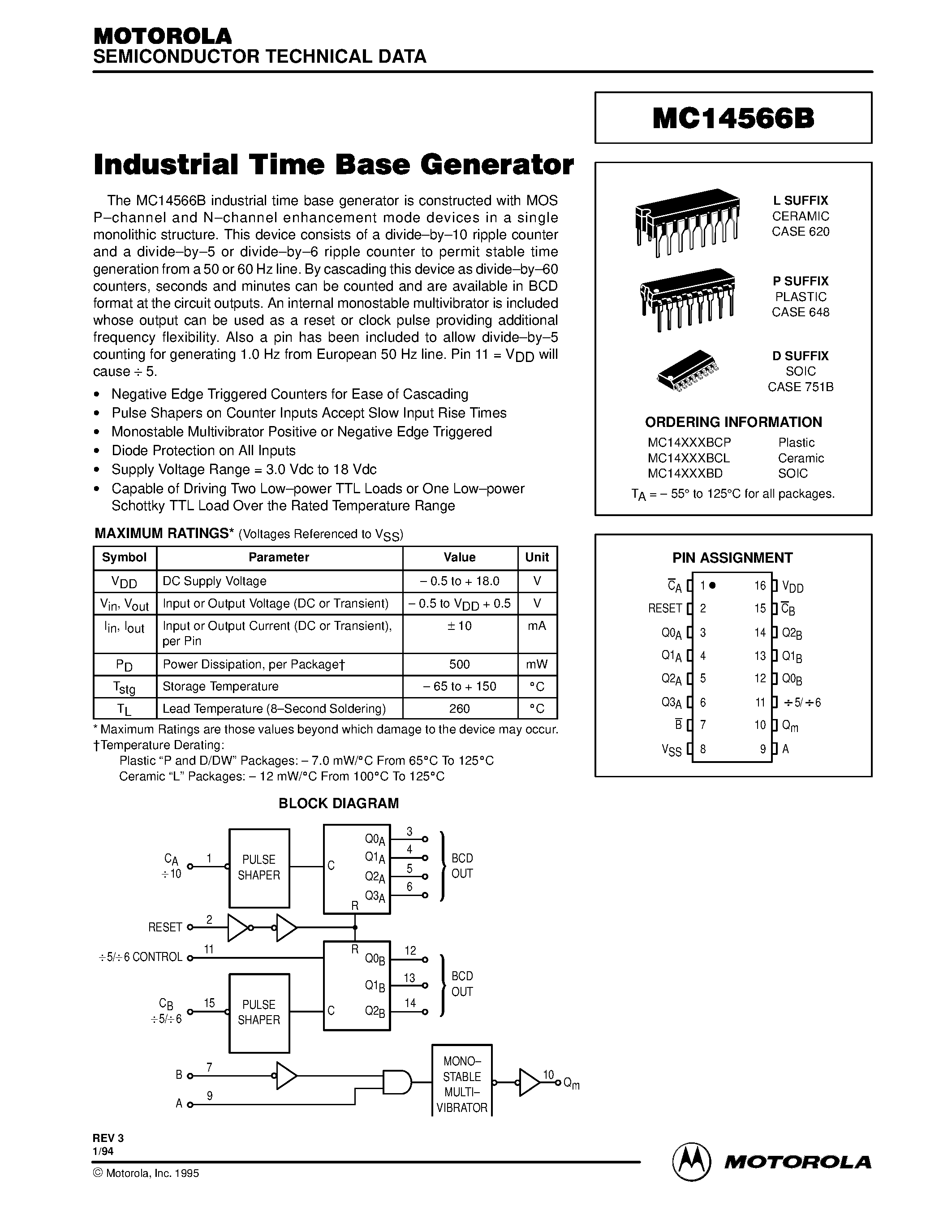 Даташит MC14566B - Industrial Time Base Generator страница 1