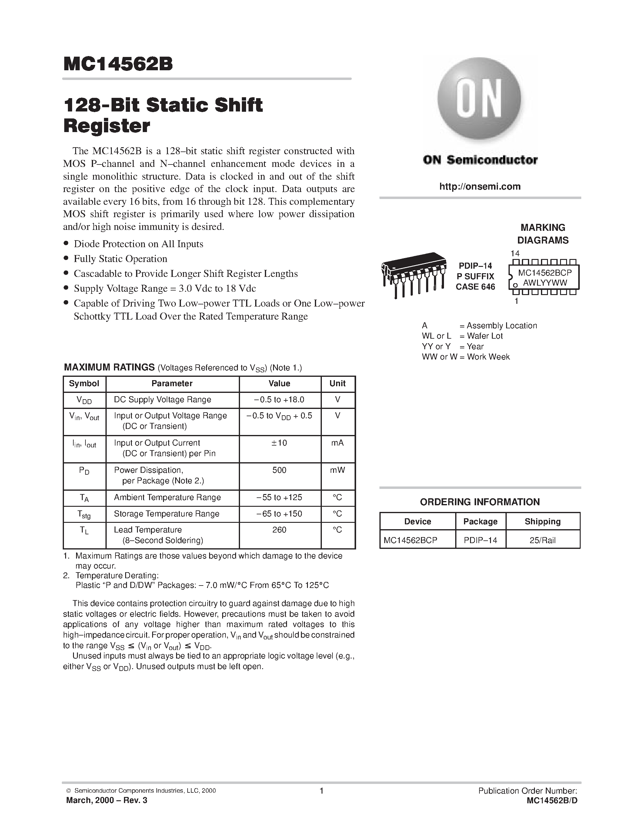 Даташит MC14562B - 128-Bit Static Shift Register страница 1