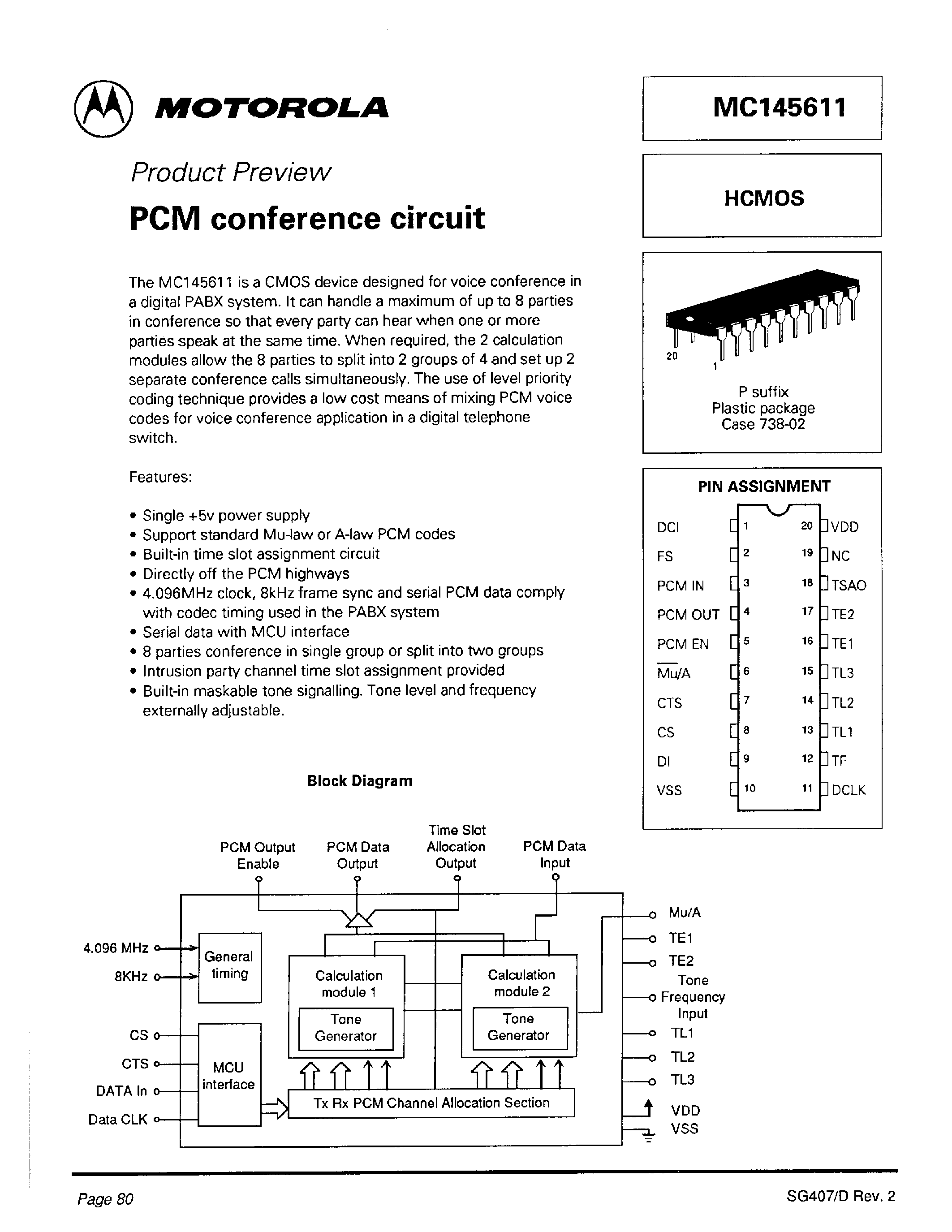 Даташит MC145611 - PCM conference circuit страница 1