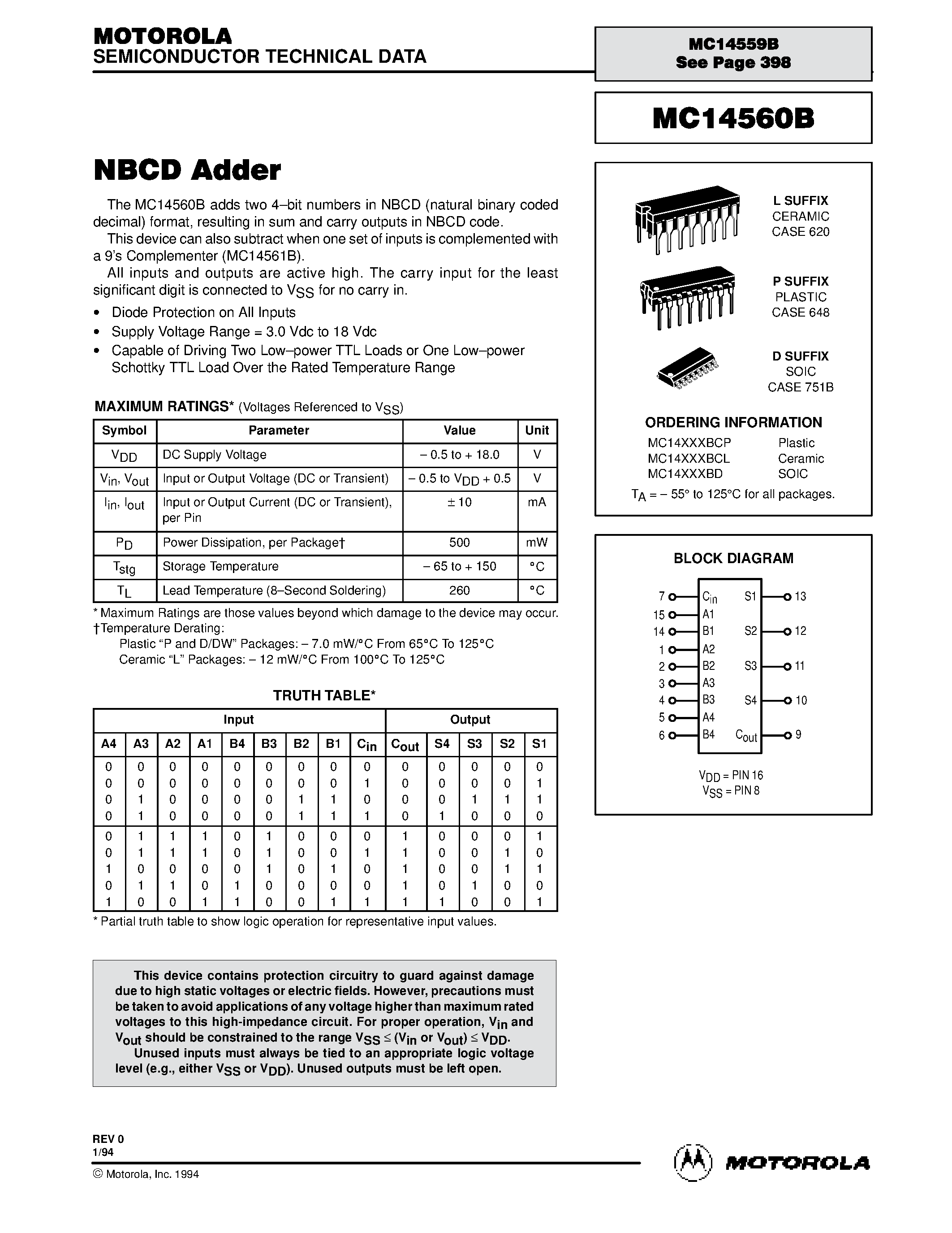 Даташит MC14560B - NBCD Adder страница 1