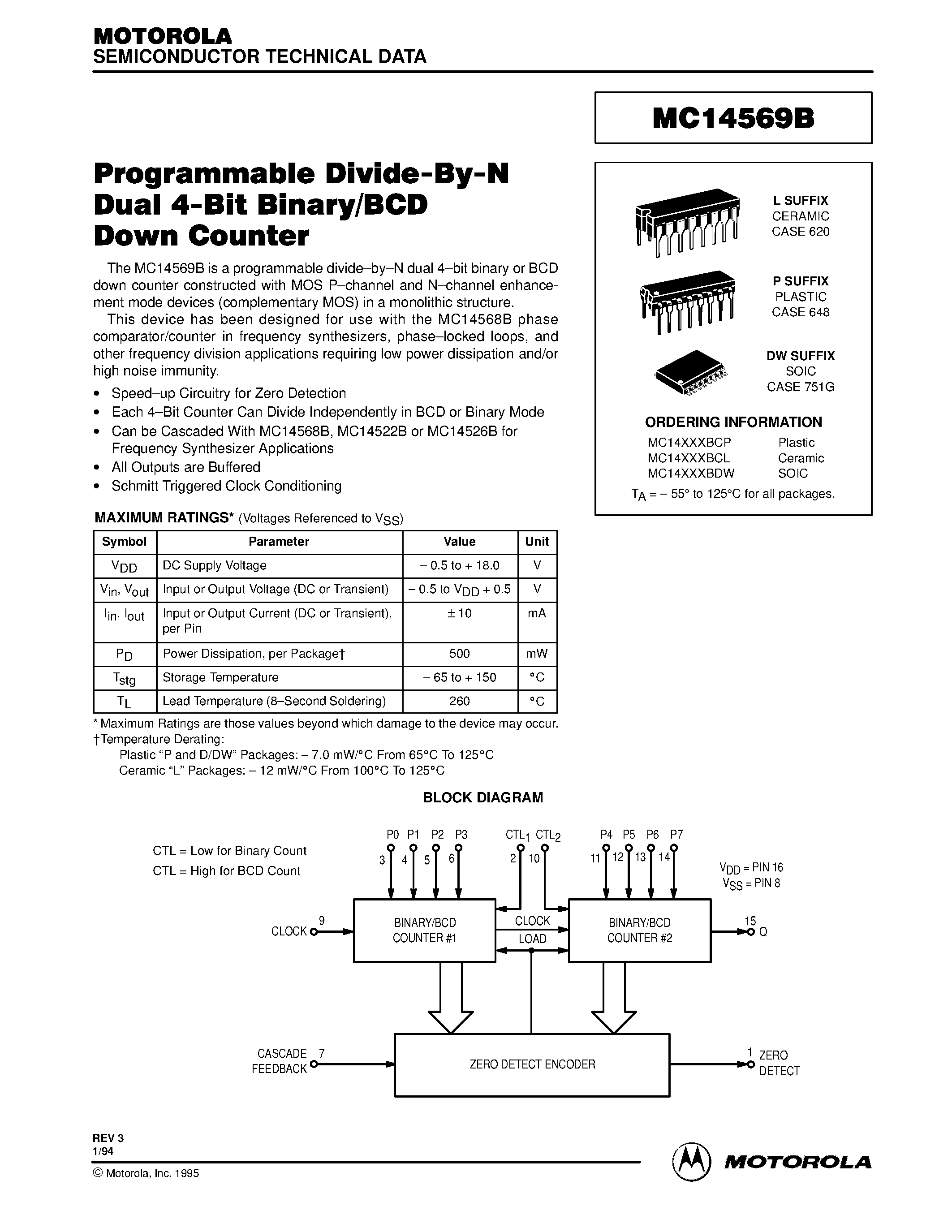 Даташит MC14569B - Programmable Divide-By-N Dual 4-Bit Binary/BCD Down Counter страница 1