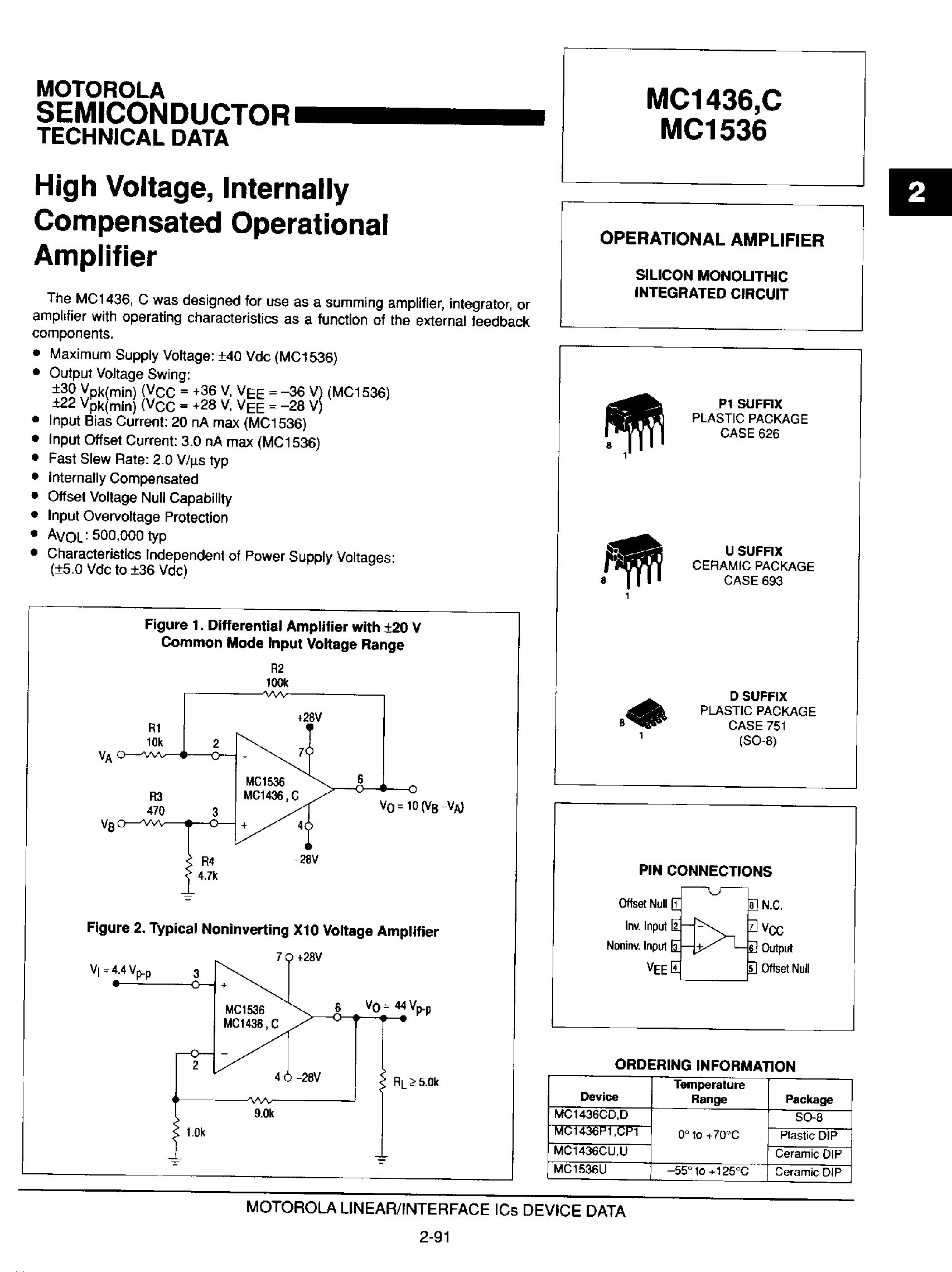 Даташит MC1456C - High Voltage / Internally Compensated Operational Amplifier страница 1