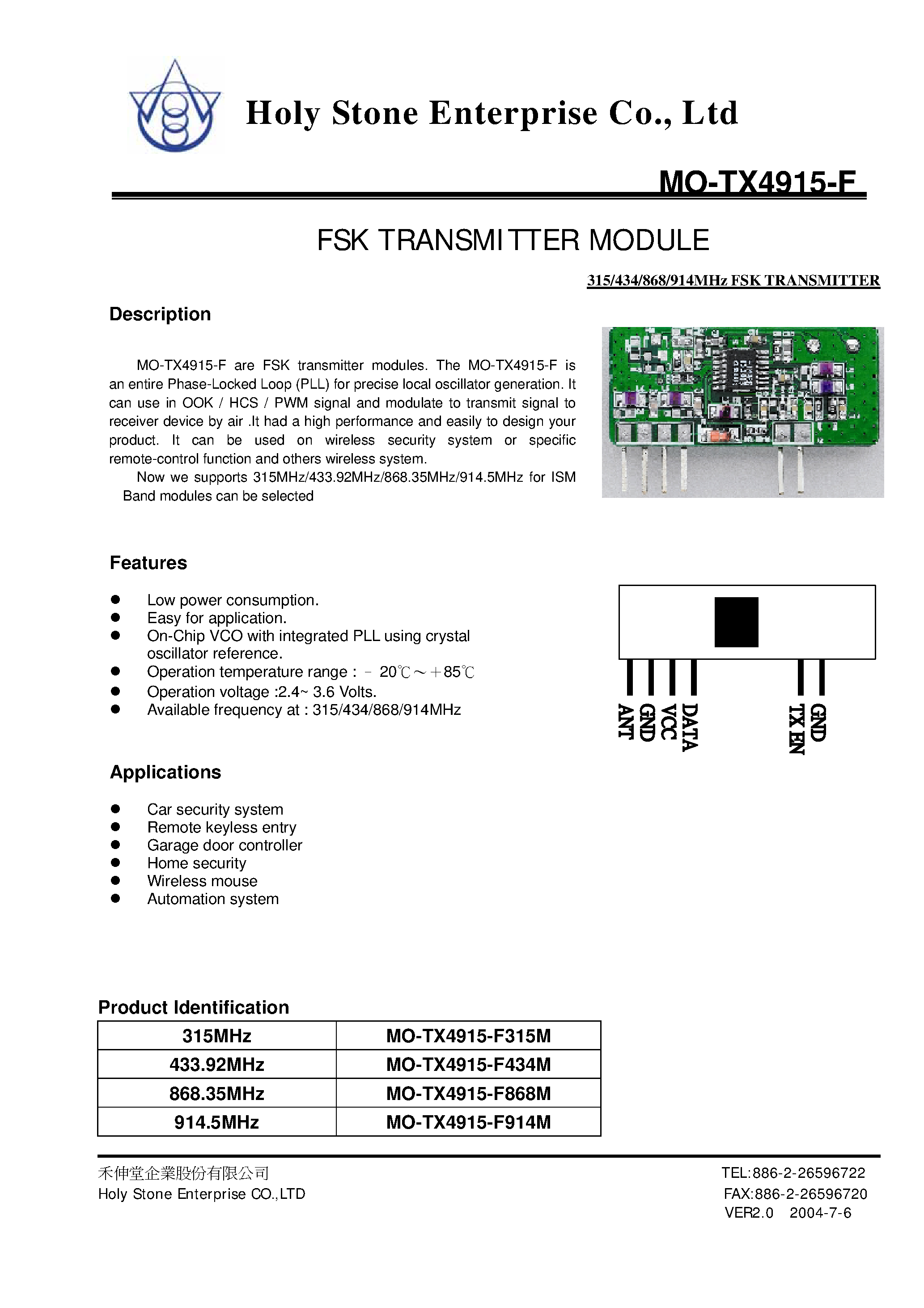 Даташит MO-TX4915-F - FSK TRANSMITTER MODULE страница 1