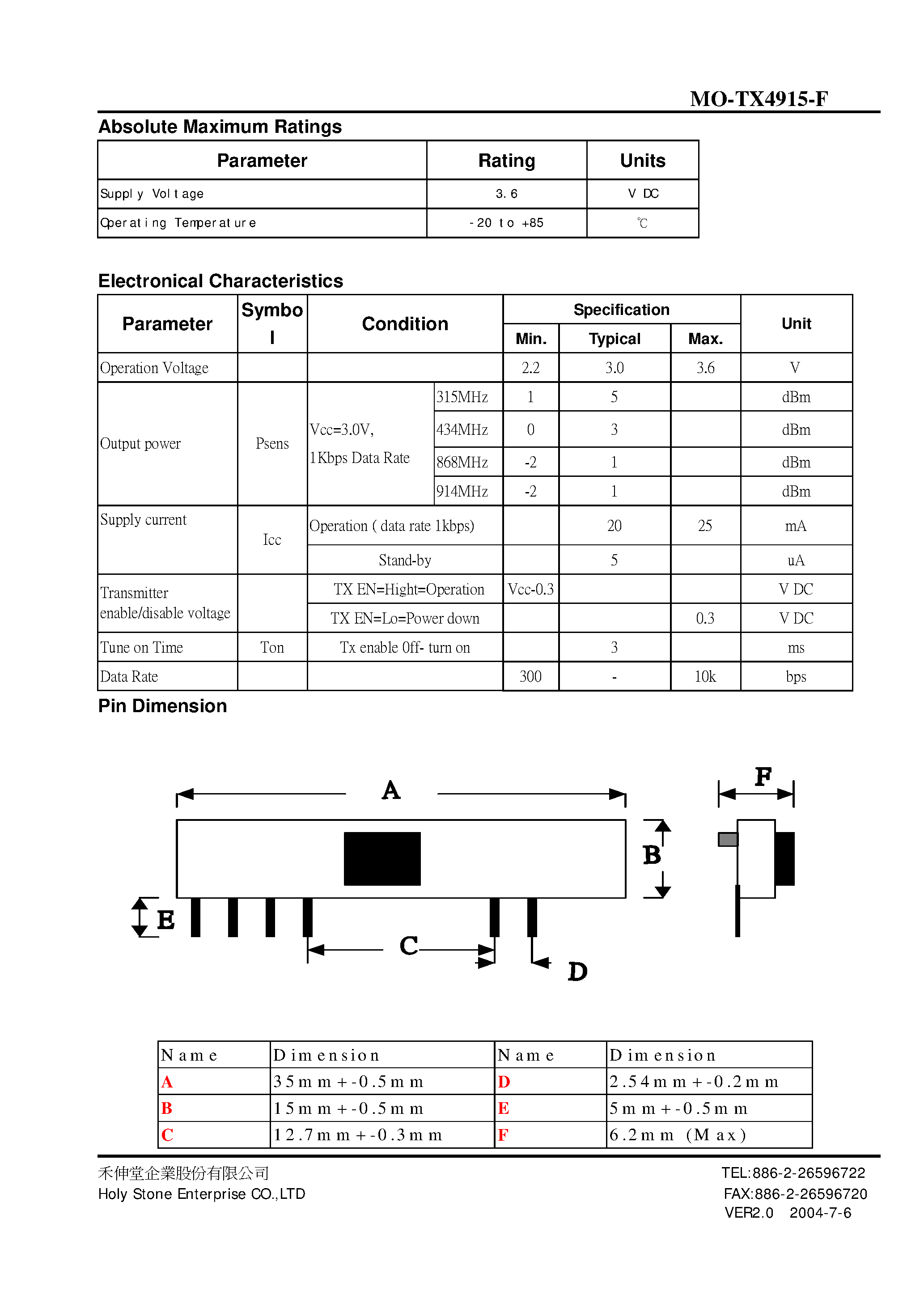 Даташит MO-TX4915-F - FSK TRANSMITTER MODULE страница 2