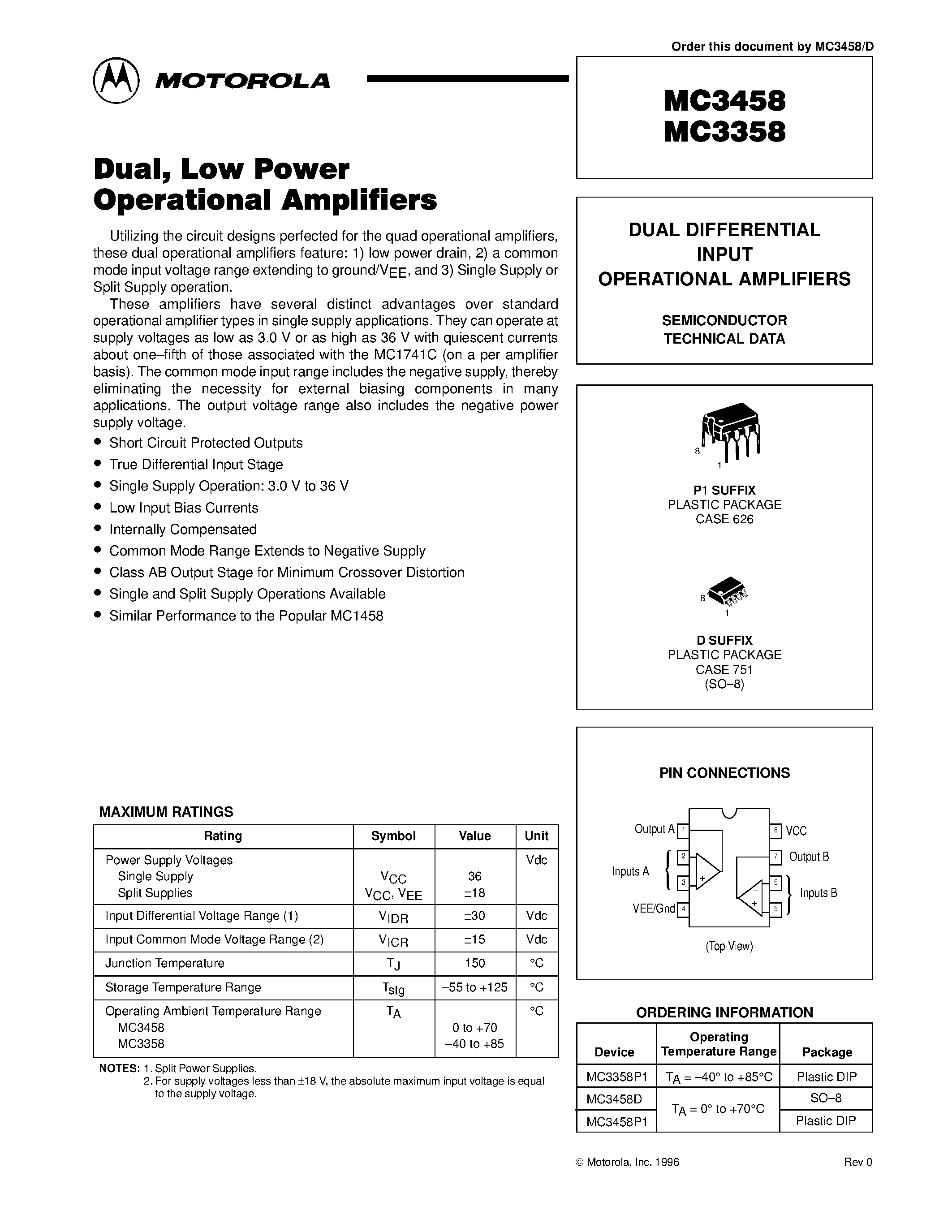 Даташит MC3458 - DUAL DIFFERENTIAL INPUT OPERATIONAL AMPLIFIERS страница 1