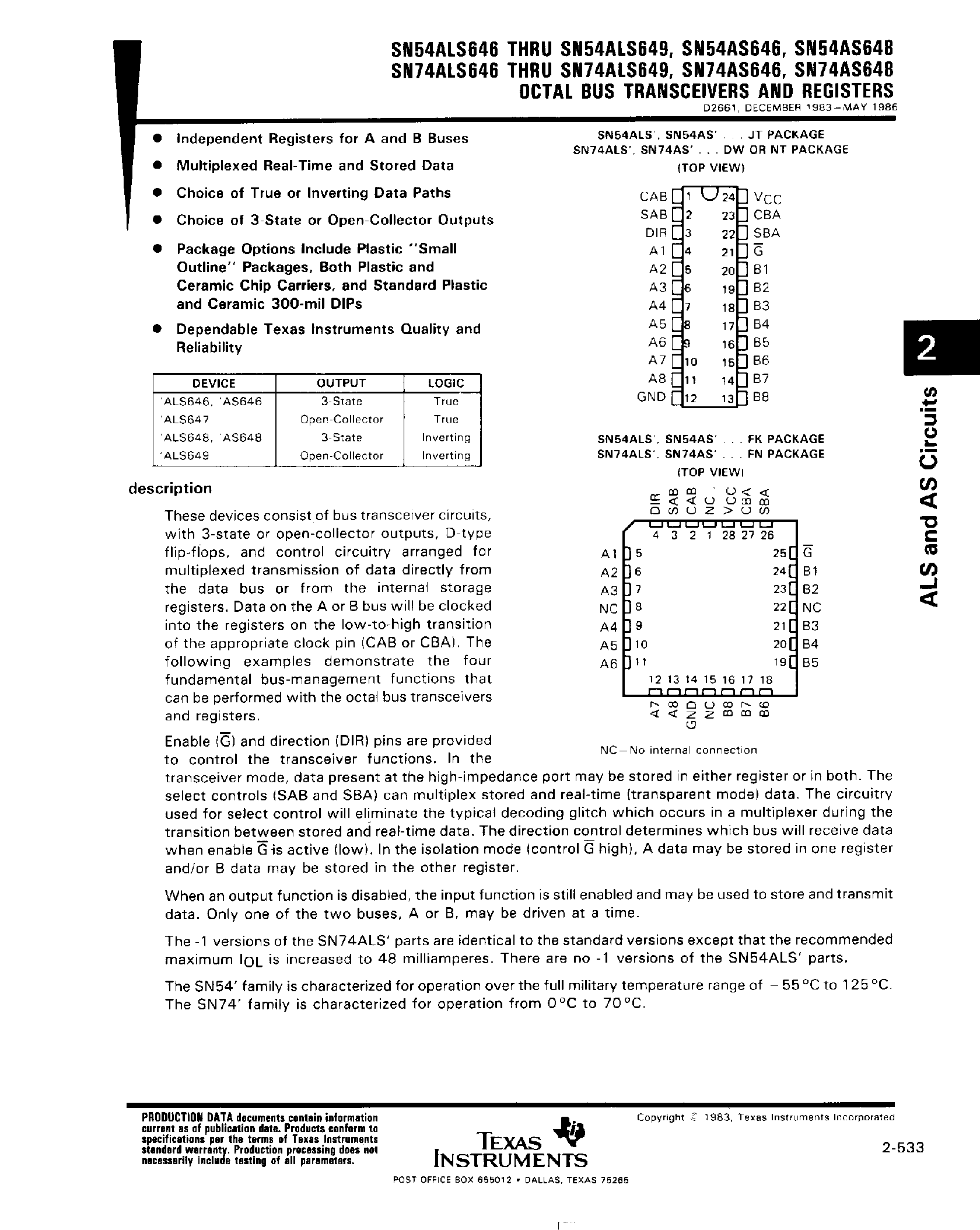 Даташит SN74ALS649 - Octal Bus Transceivers and Registers страница 1