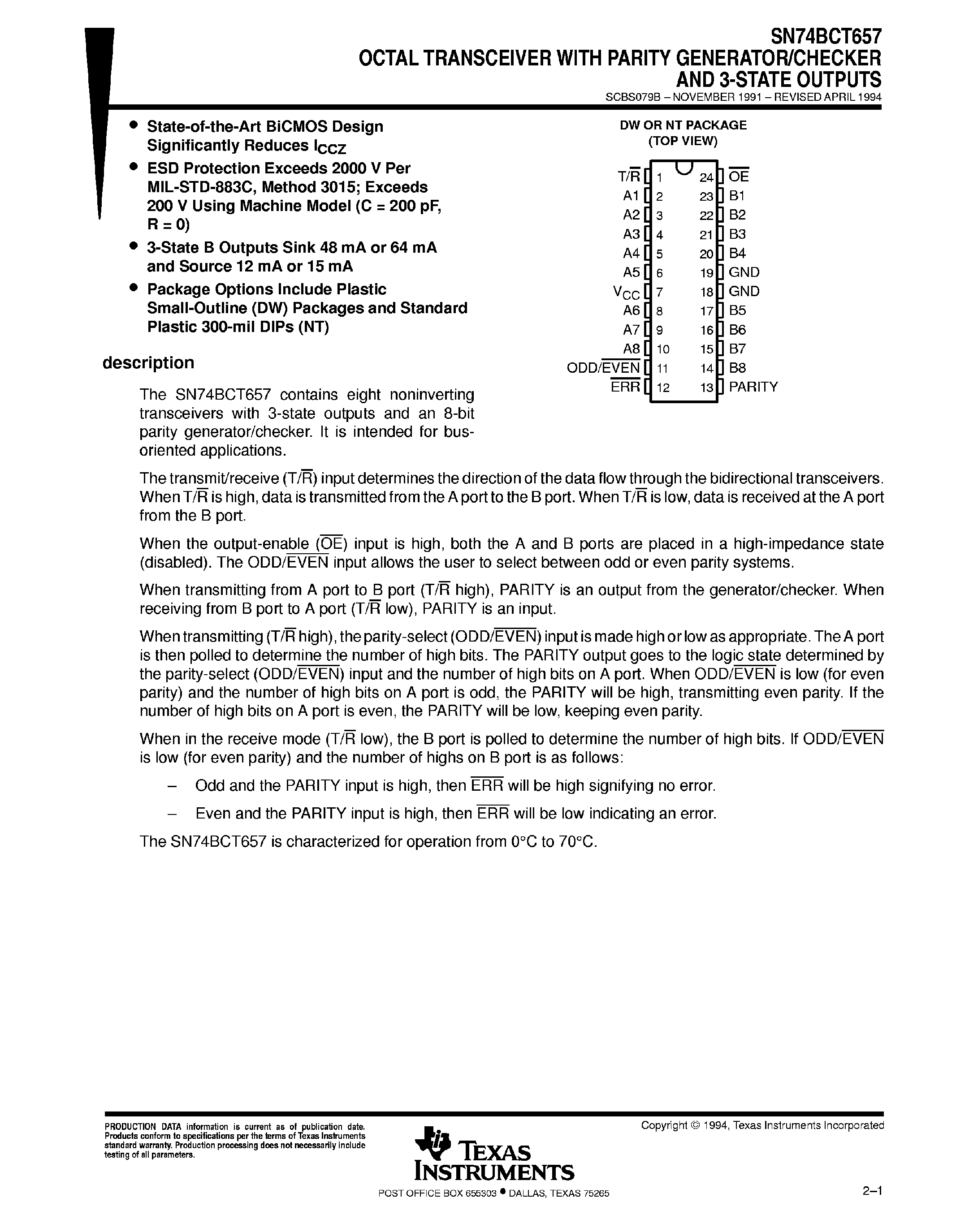 Даташит SN74BCT657 - Octal Transceiver with Parity Generator страница 1