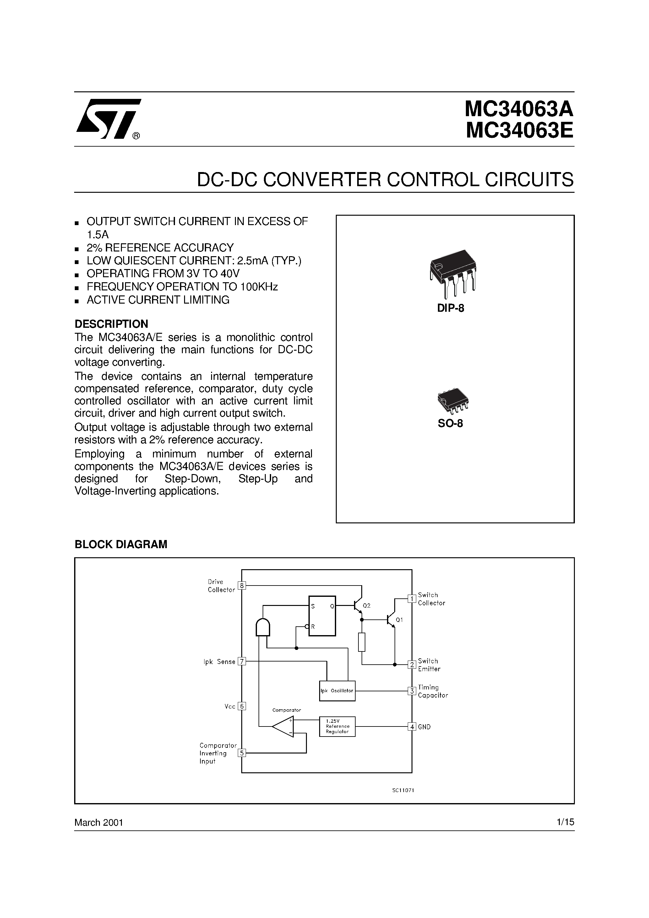 Datasheet MC34063 - DC-DC CONVERTER CONTROL CIRCUITS page 1