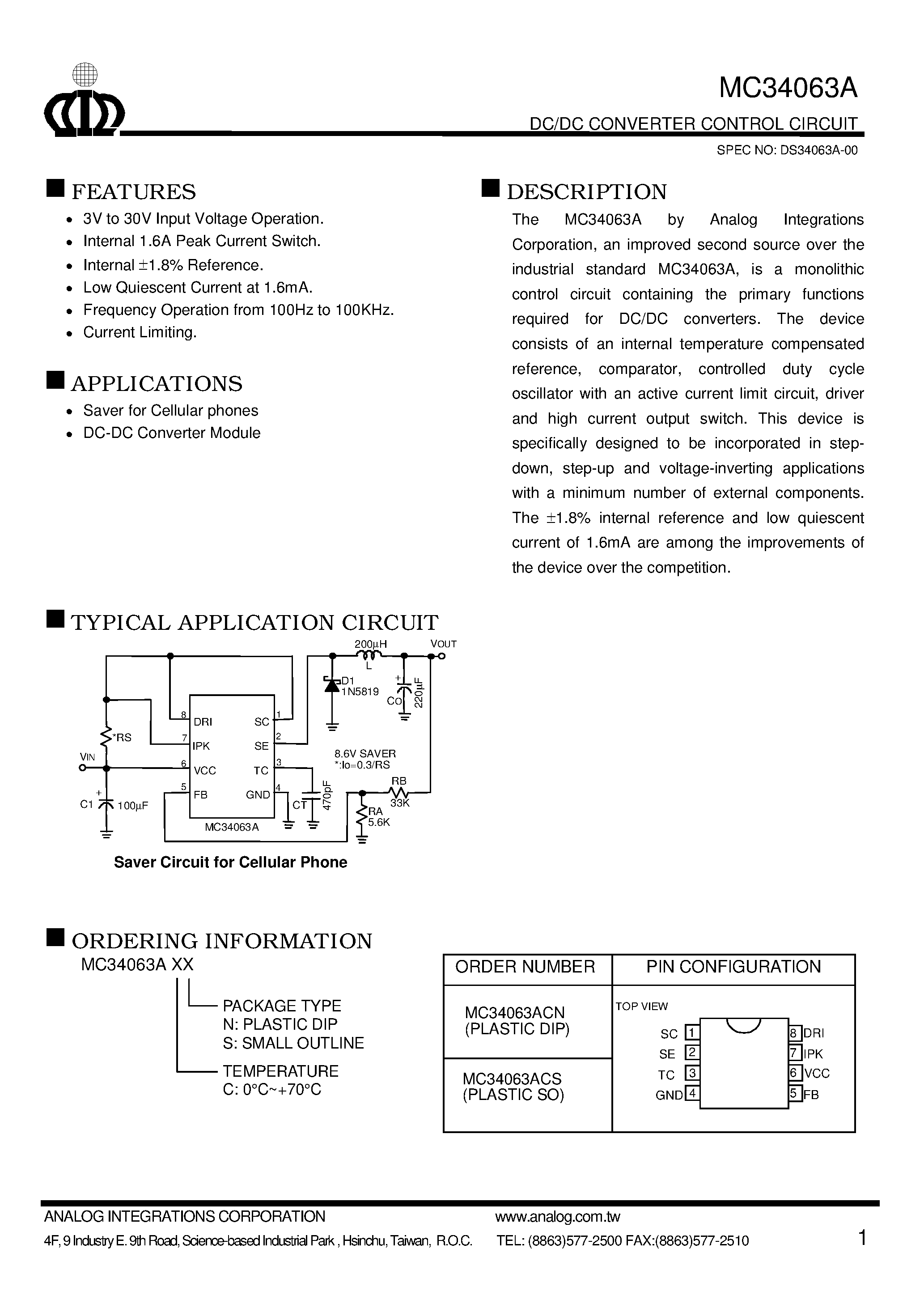 Даташит MC34063A - DC/DC CONVERTER CONTROL CIRCUIT страница 1