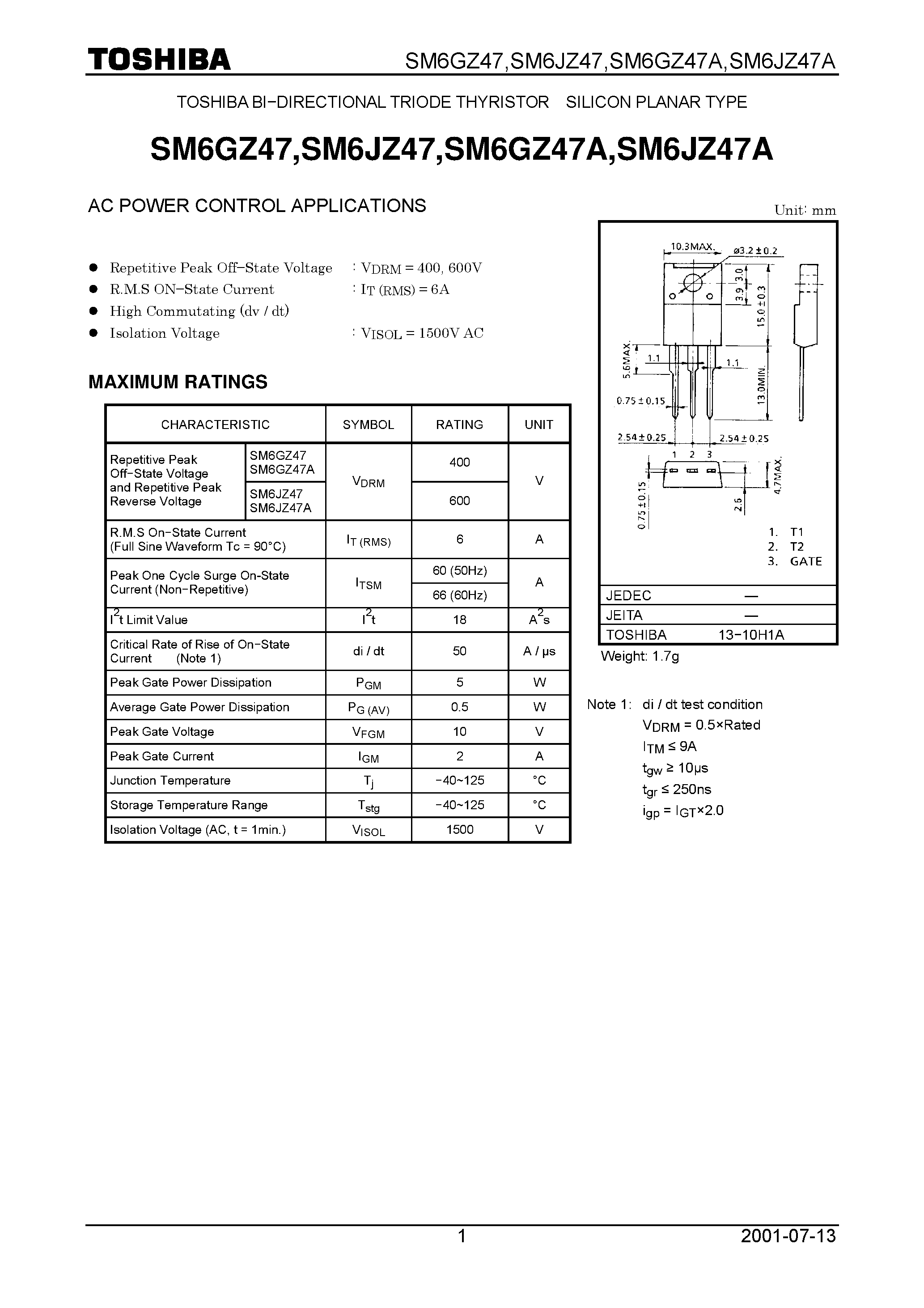 Datasheet SM6JZ47 - TOSHIBA BI-DIRECTIONAL TRIODE THYRISTOR SILICON PLANAR TYPE page 1