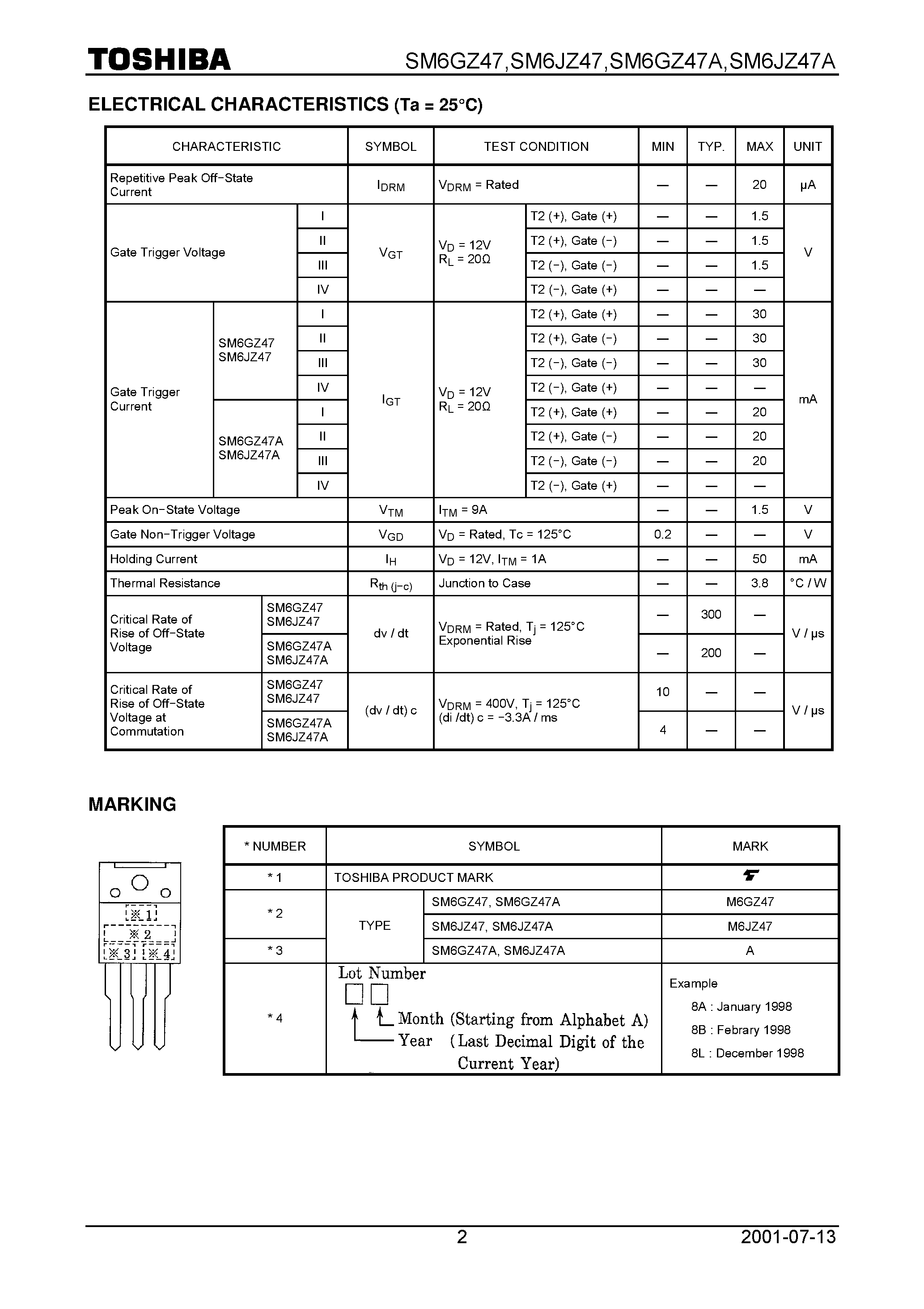 Datasheet SM6JZ47 - TOSHIBA BI-DIRECTIONAL TRIODE THYRISTOR SILICON PLANAR TYPE page 2