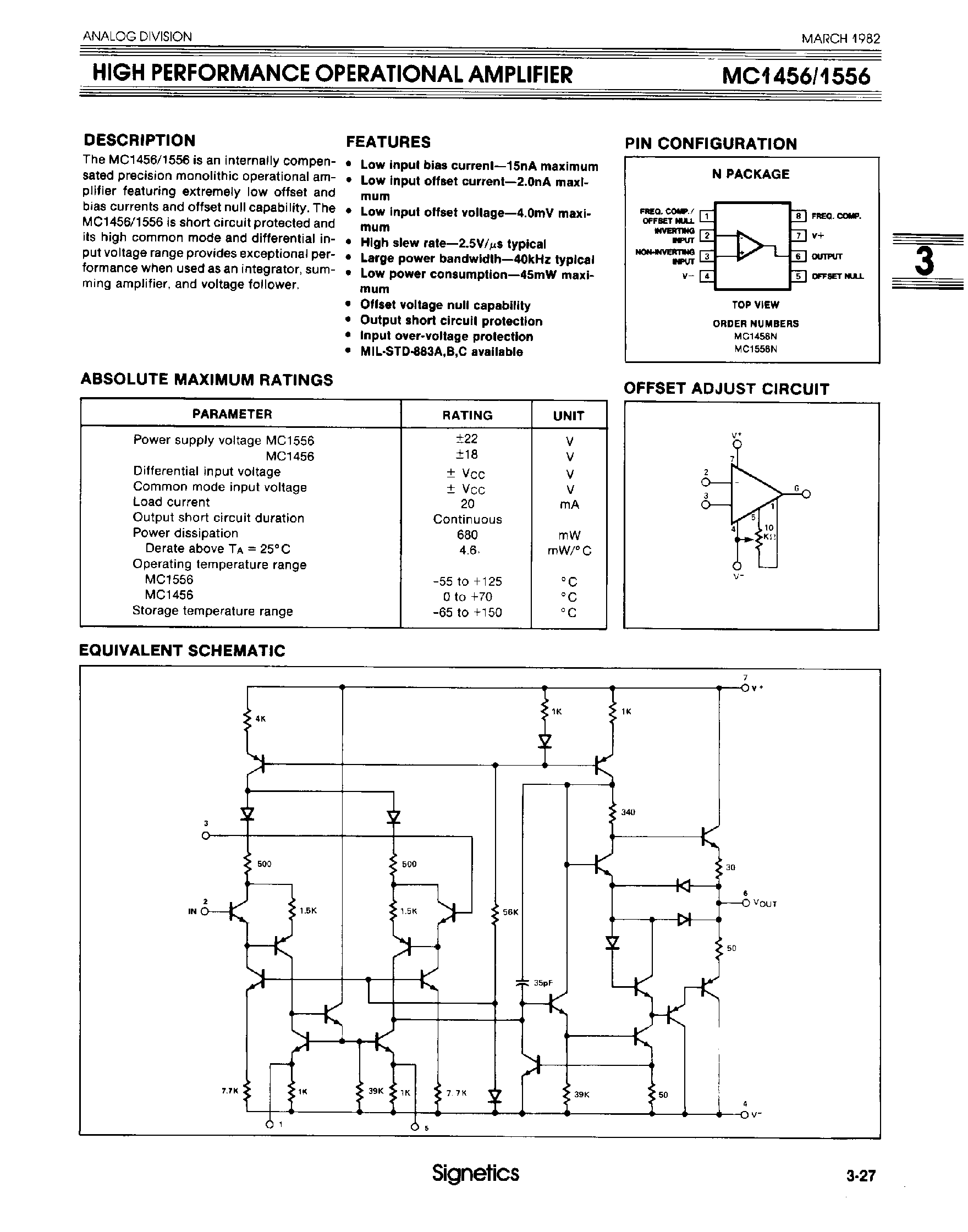 Даташит MC1456 - High Performance Operational Amplifier страница 1