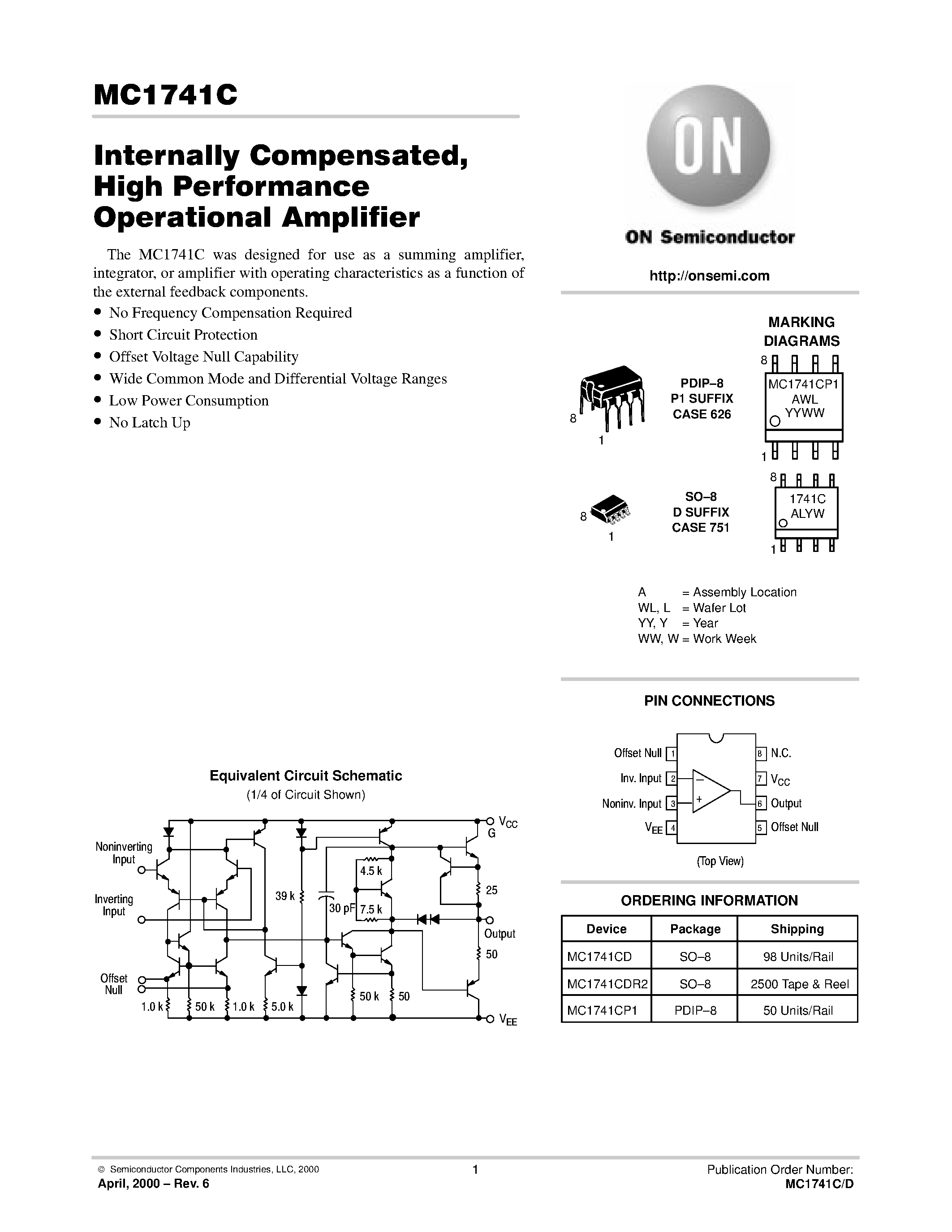 Datasheet MC1471C - Internally Compensated / High Performance Operational Amplifier page 1