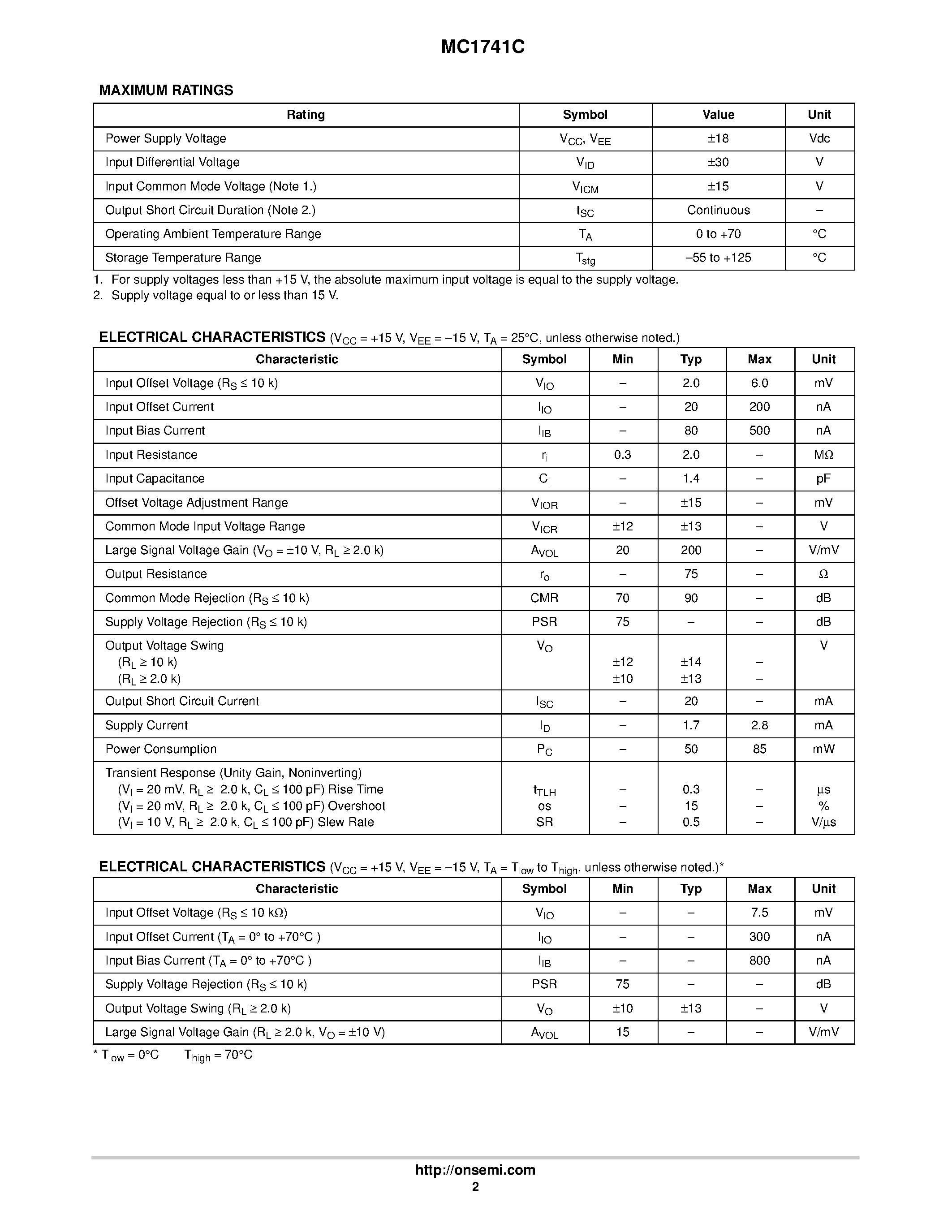Datasheet MC1471C - Internally Compensated / High Performance Operational Amplifier page 2