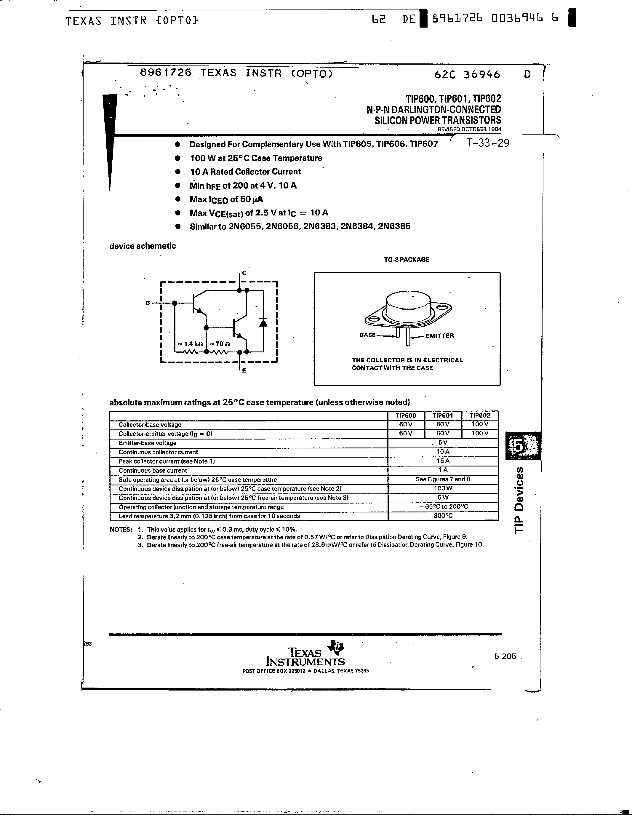 Даташит TIP600 - NPN Darlington Connected Silicon Power Transistors страница 1