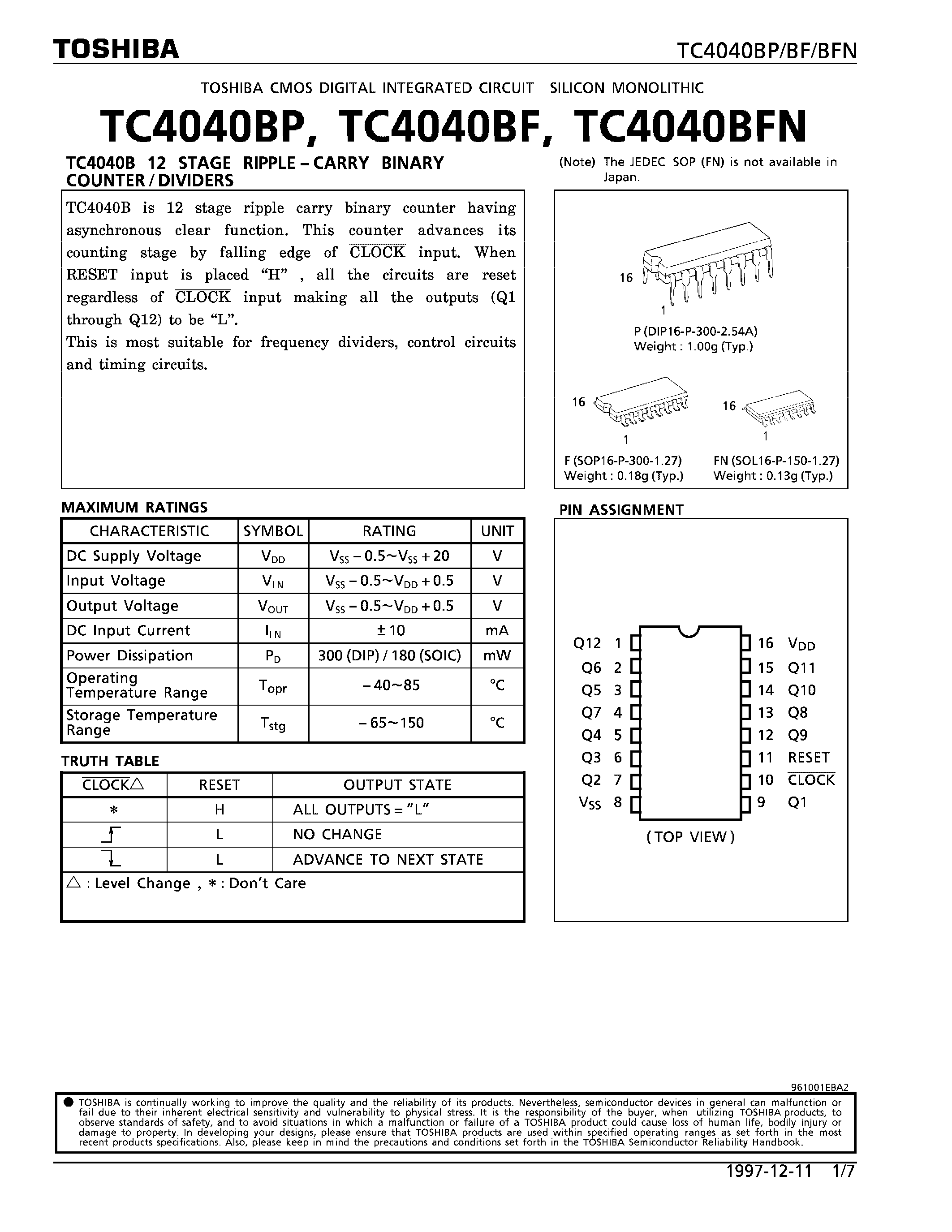 Даташит TC4040 - 12 STAGE RIPPLE - CARRY BINARY COUNTER/DIVIDERS страница 1