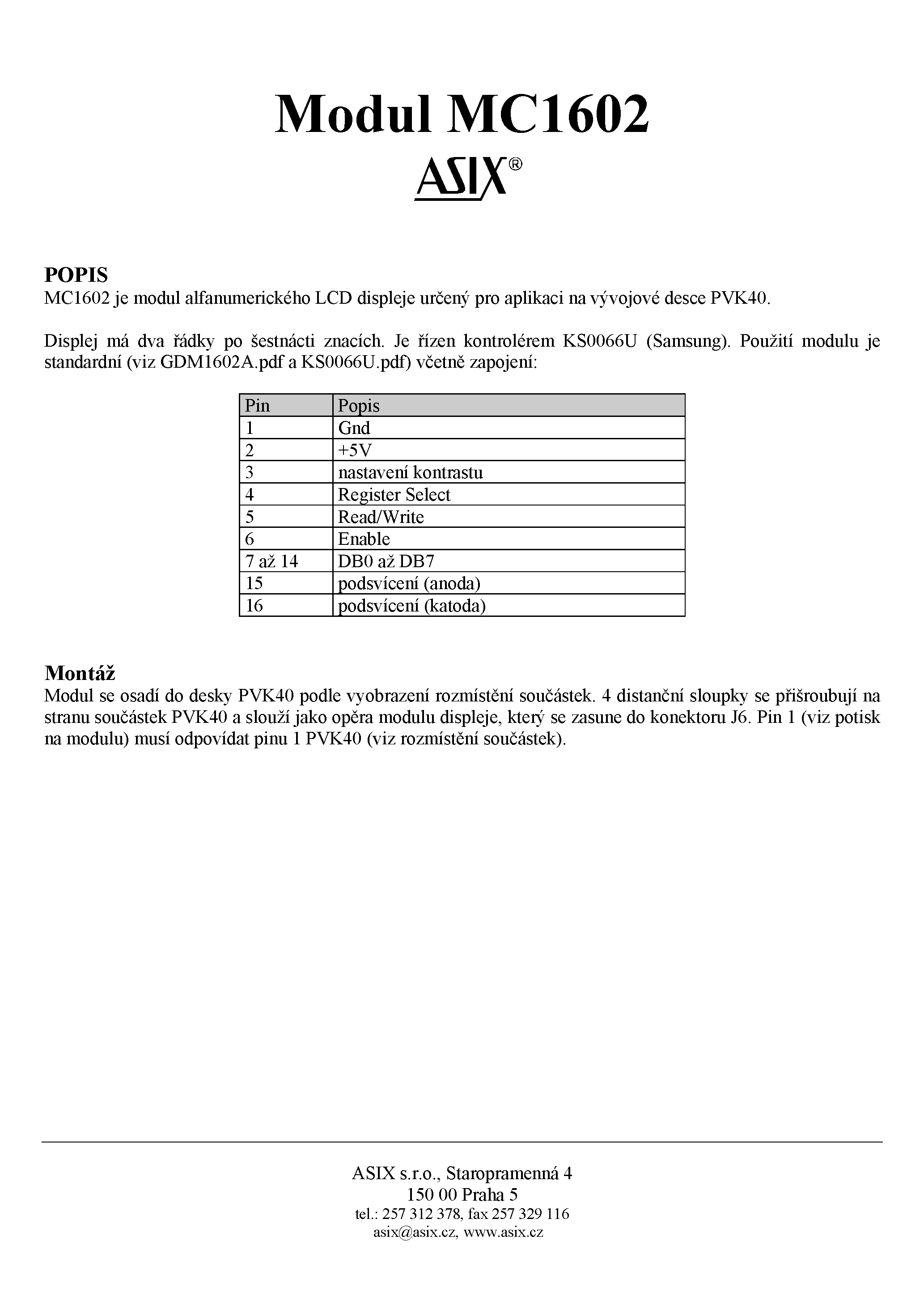 Datasheet MC1602 - MC1602 Modul page 1