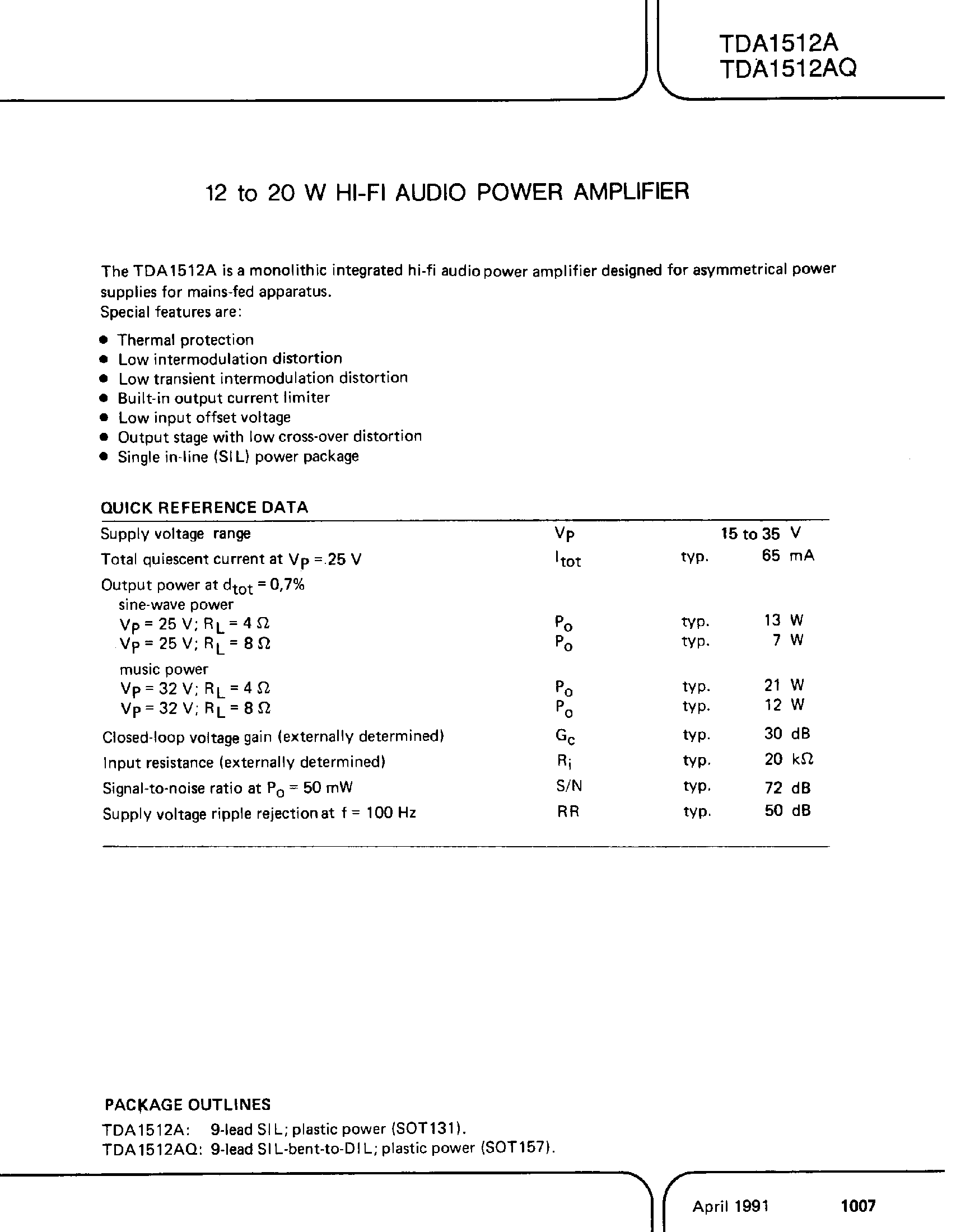 Даташит TDA1512A - 12 TO 20 W HI FI AUDIO POWER AMPLIFIER страница 1