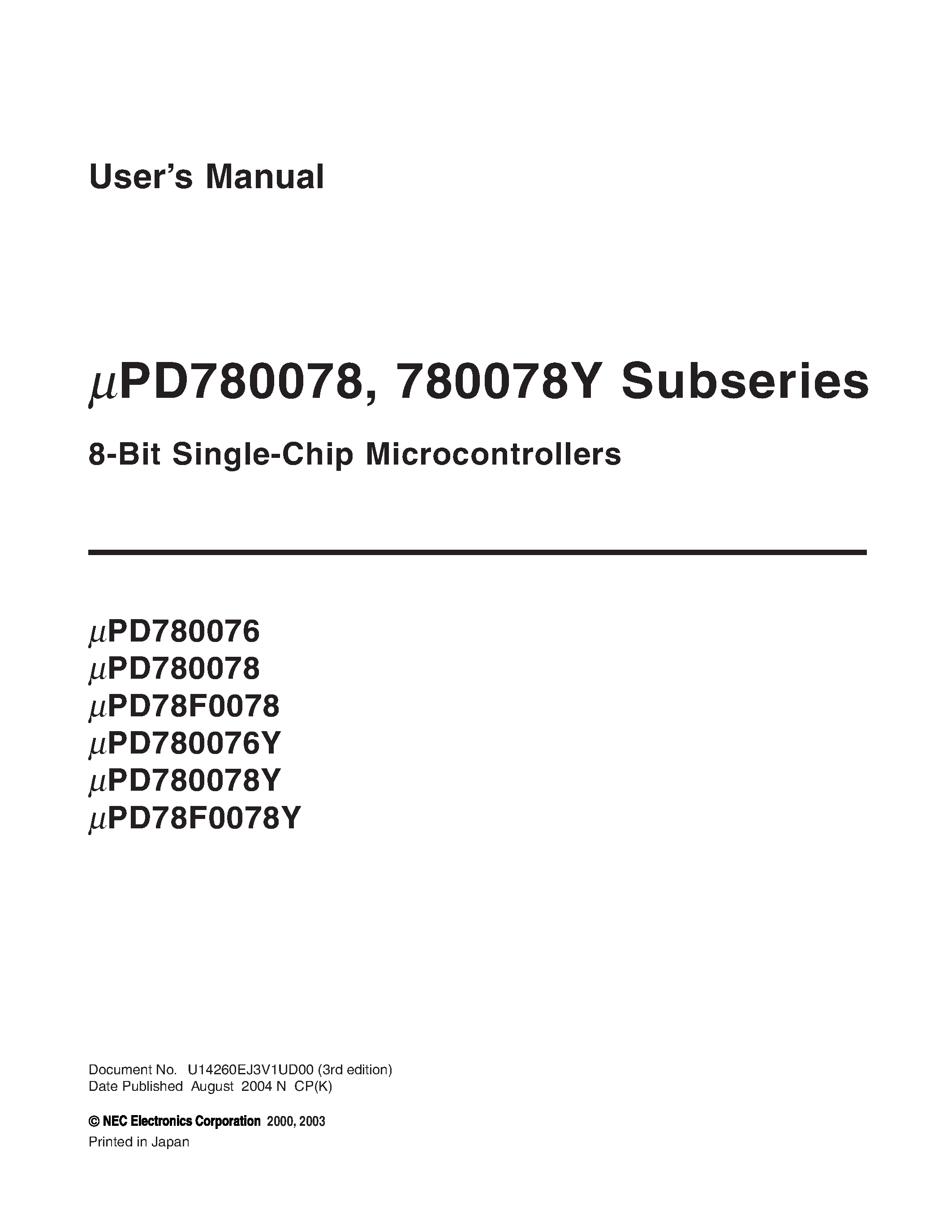 Даташит UPD78F0078 - 8-Bit Single-Chip Microcontrollers страница 1