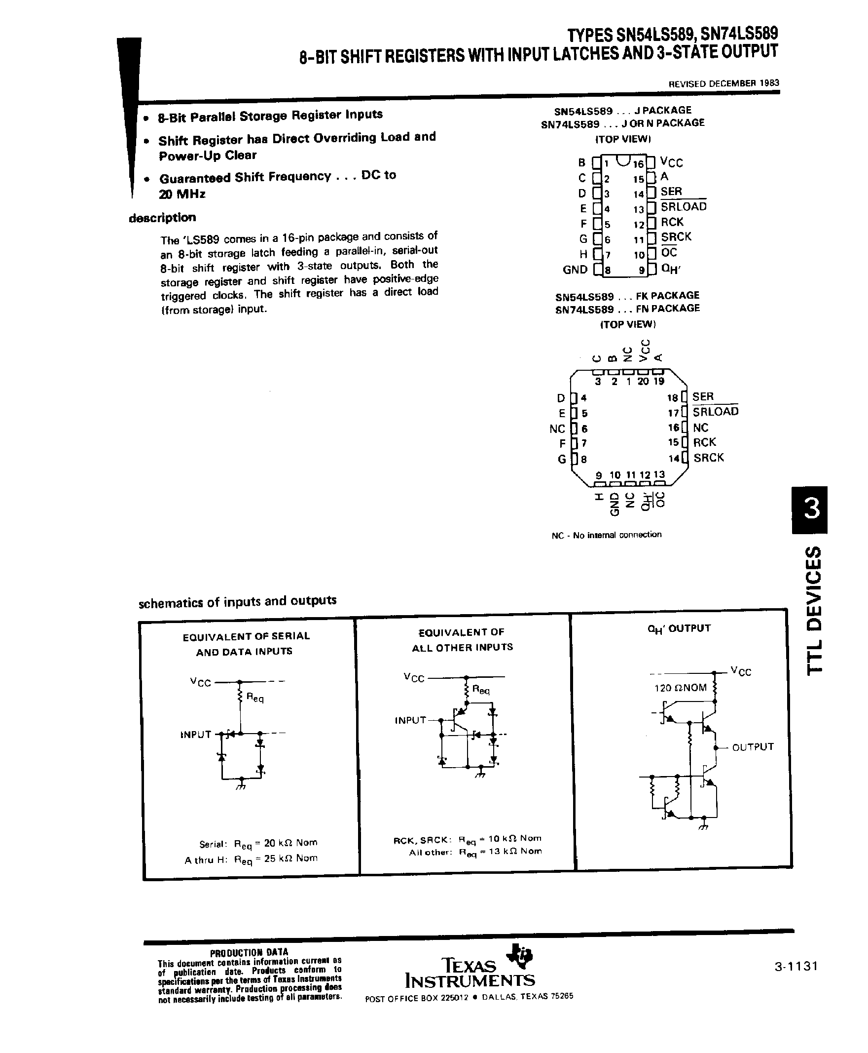 Даташит SN74LS589 - 8 Bit Shift Registers with Input Latches and 3 State Output страница 1