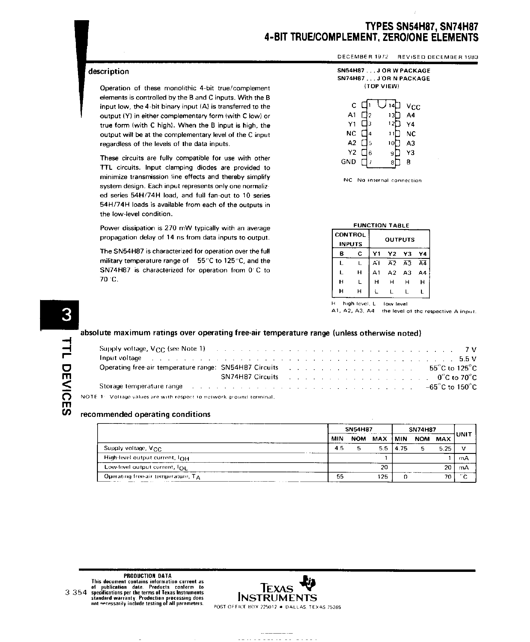 Даташит SN74H87 - 4 Bit True / Complement / Zero / One Elements страница 1