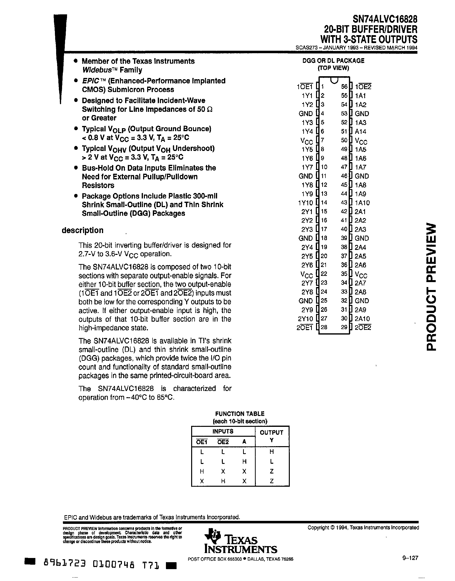 Datasheet SN74ALVC16828 - 20 Bit Buffer / Driver with 3 State Outputs page 1