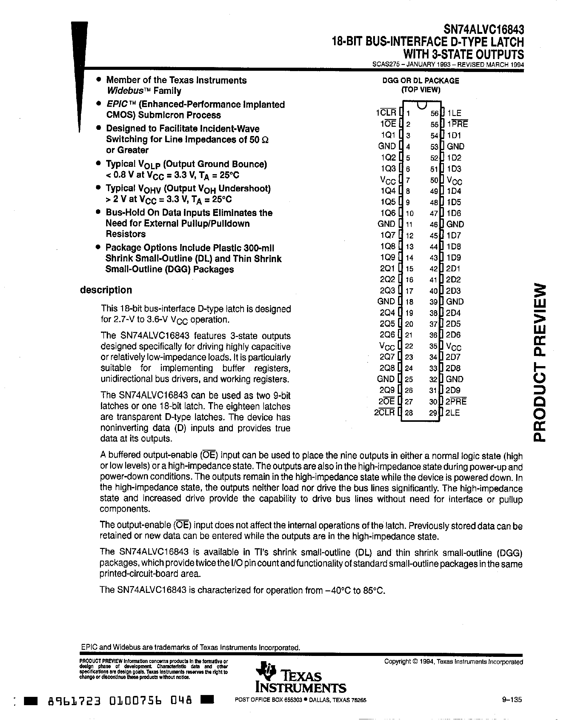 Даташит SN74ALVC16843 - 18 Bit Bus Interface D-Type Latch with 3 State Outputs страница 1