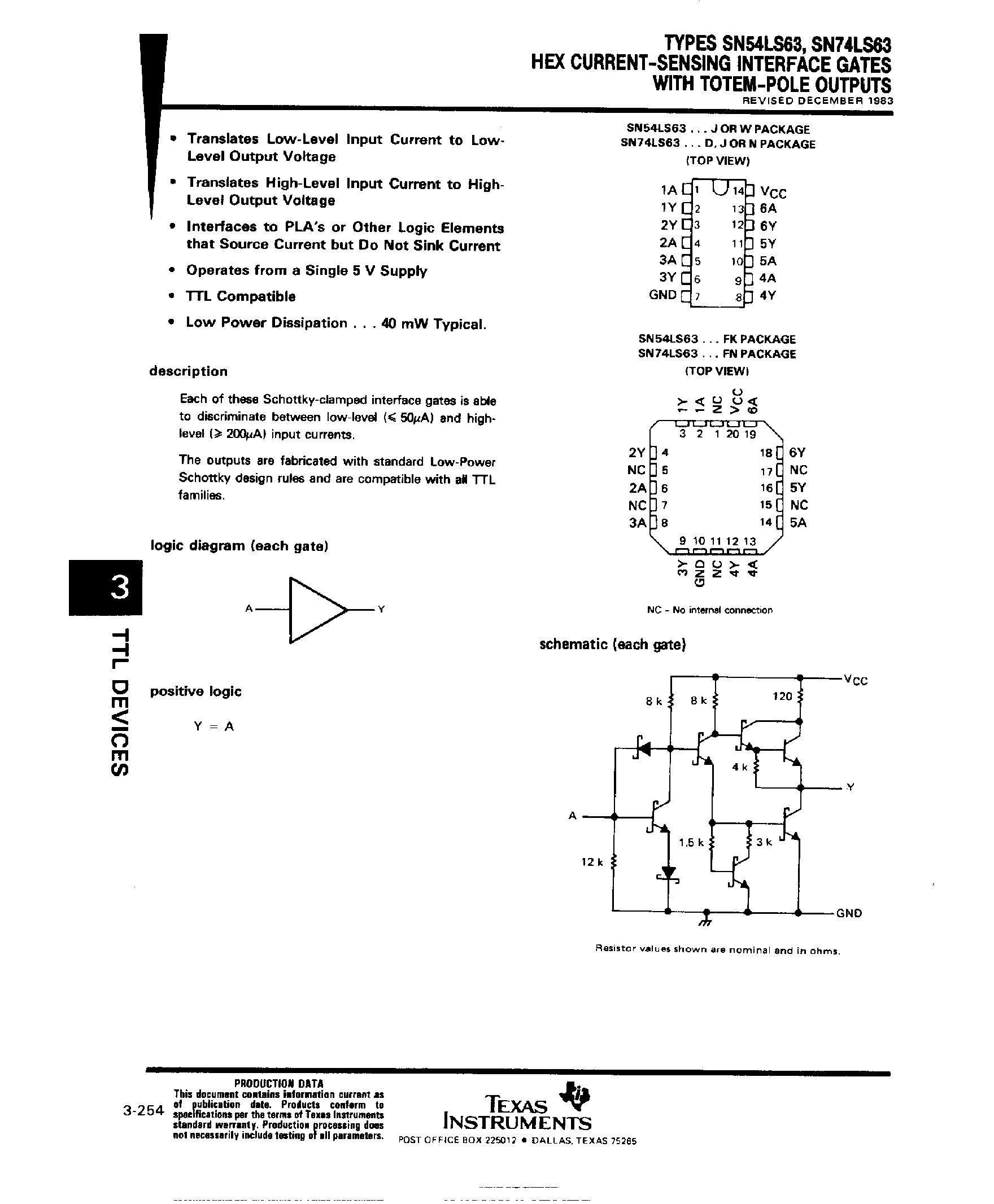 Datasheet SN74LS63 - Hex Current-Sensing Interface Gates with Totem-Pole Outputs page 1