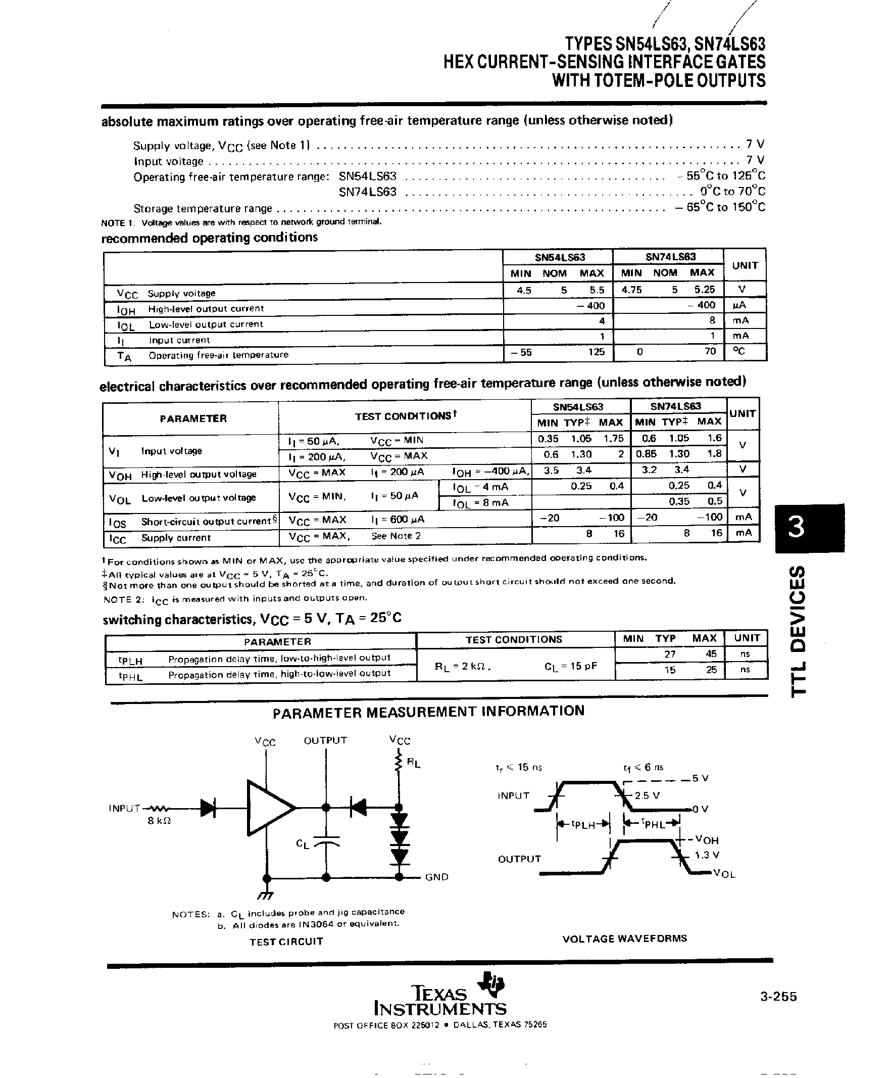 Datasheet SN74LS63 - Hex Current-Sensing Interface Gates with Totem-Pole Outputs page 2