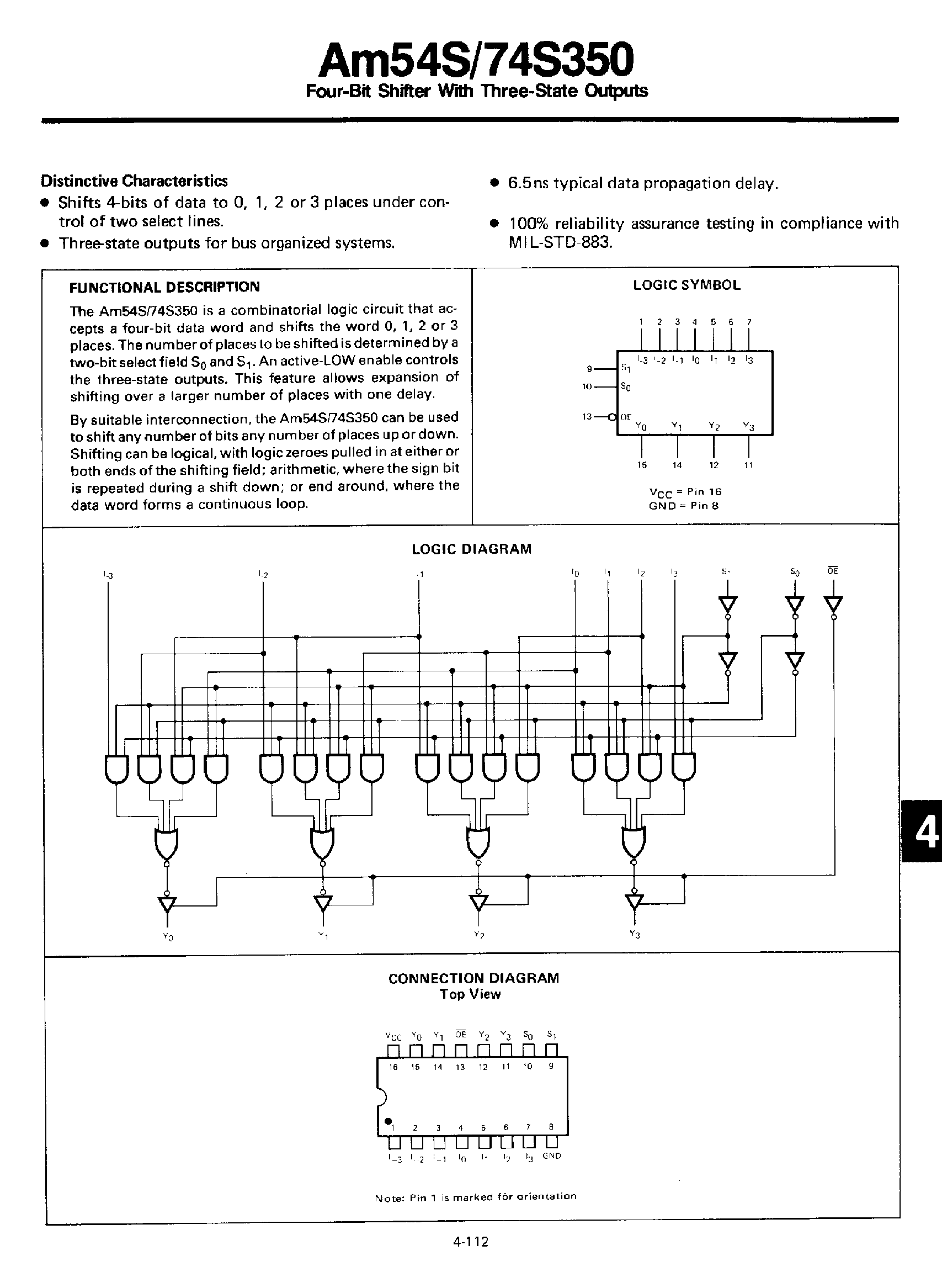 Даташит SN74S350 - 4 Bit Shifter with 3 State Outputs страница 1