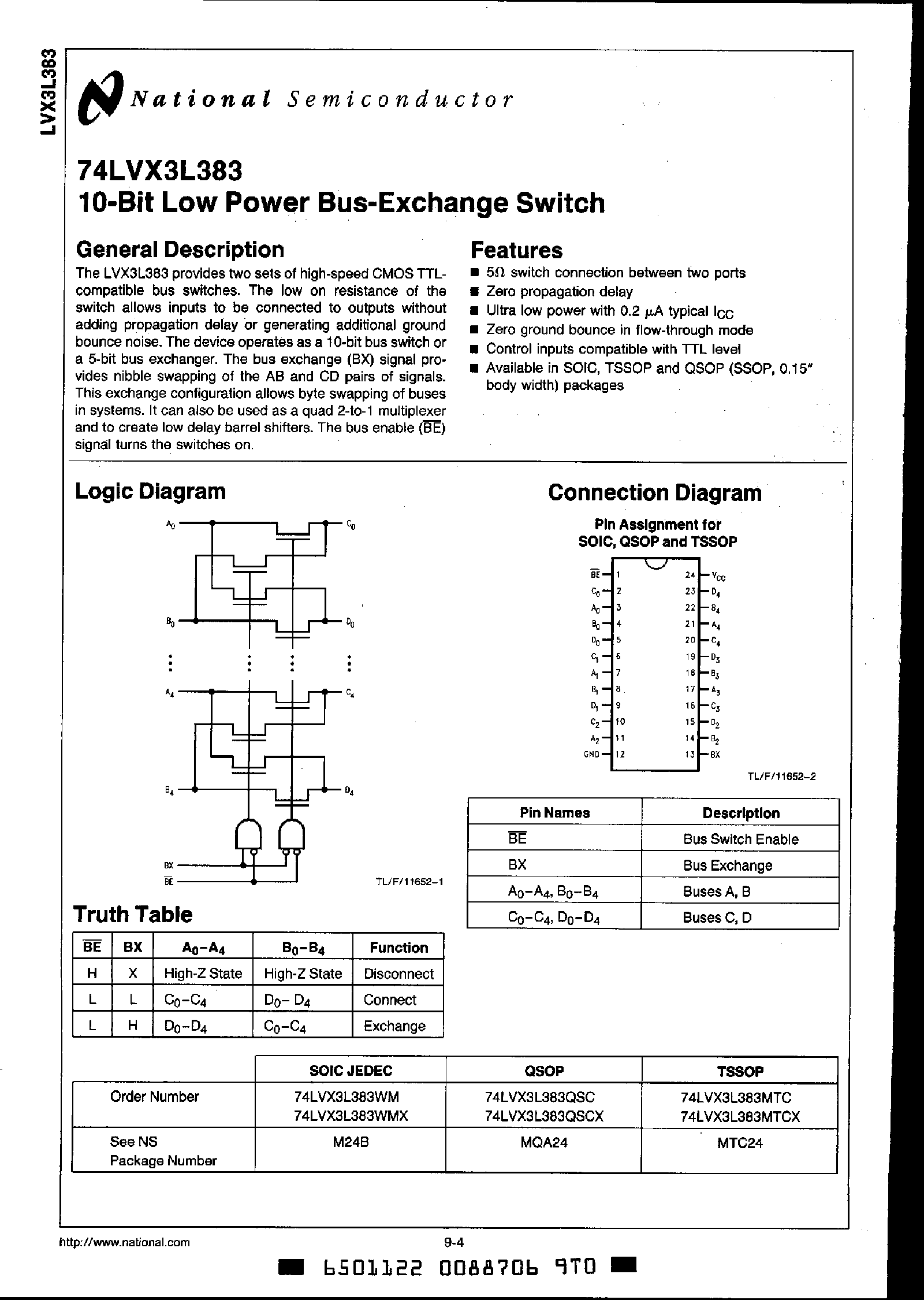 Datasheet 74LVX3L383 - 10-Bit Low Power Bus Exchange Switch page 1