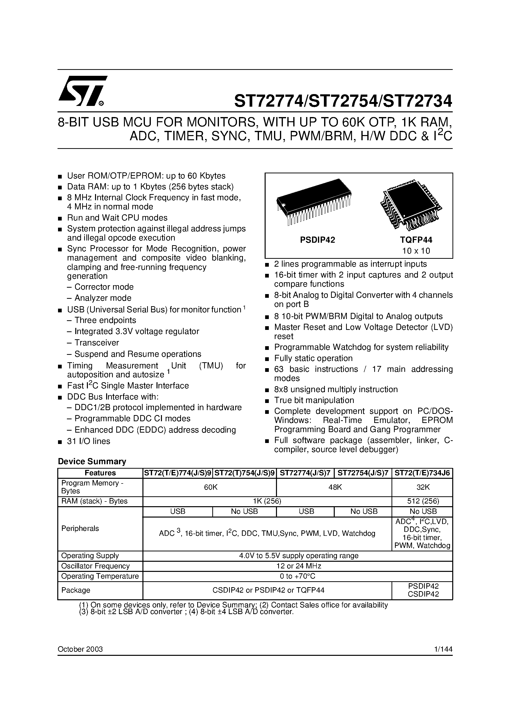 Даташит ST72774 - 8-BIT USB MCU FOR MONITORS страница 1