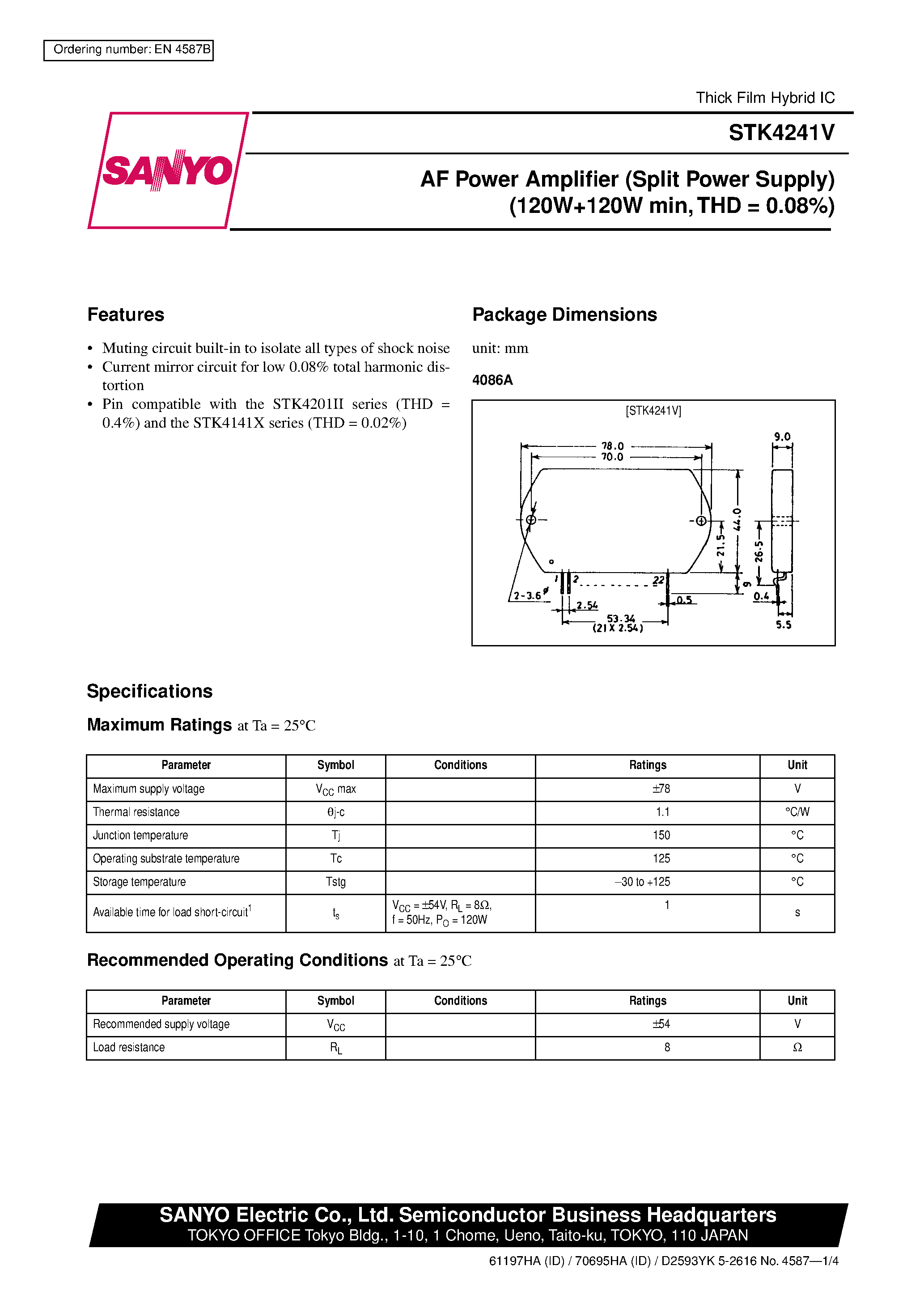 Datasheet STK4241V - AF Power Amplifier page 1