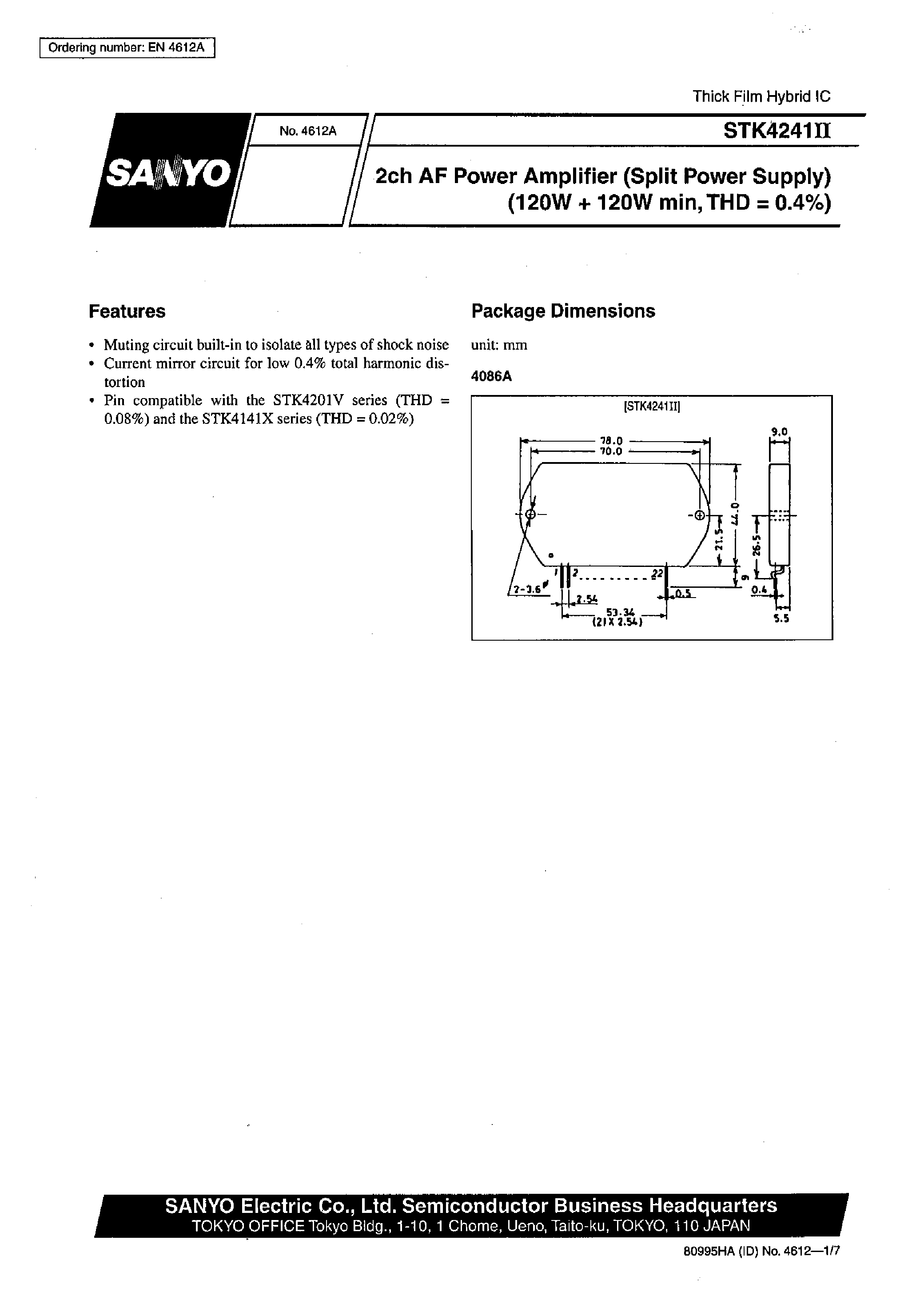 Datasheet STK4241II - 2ch AF Power Amplifier page 1