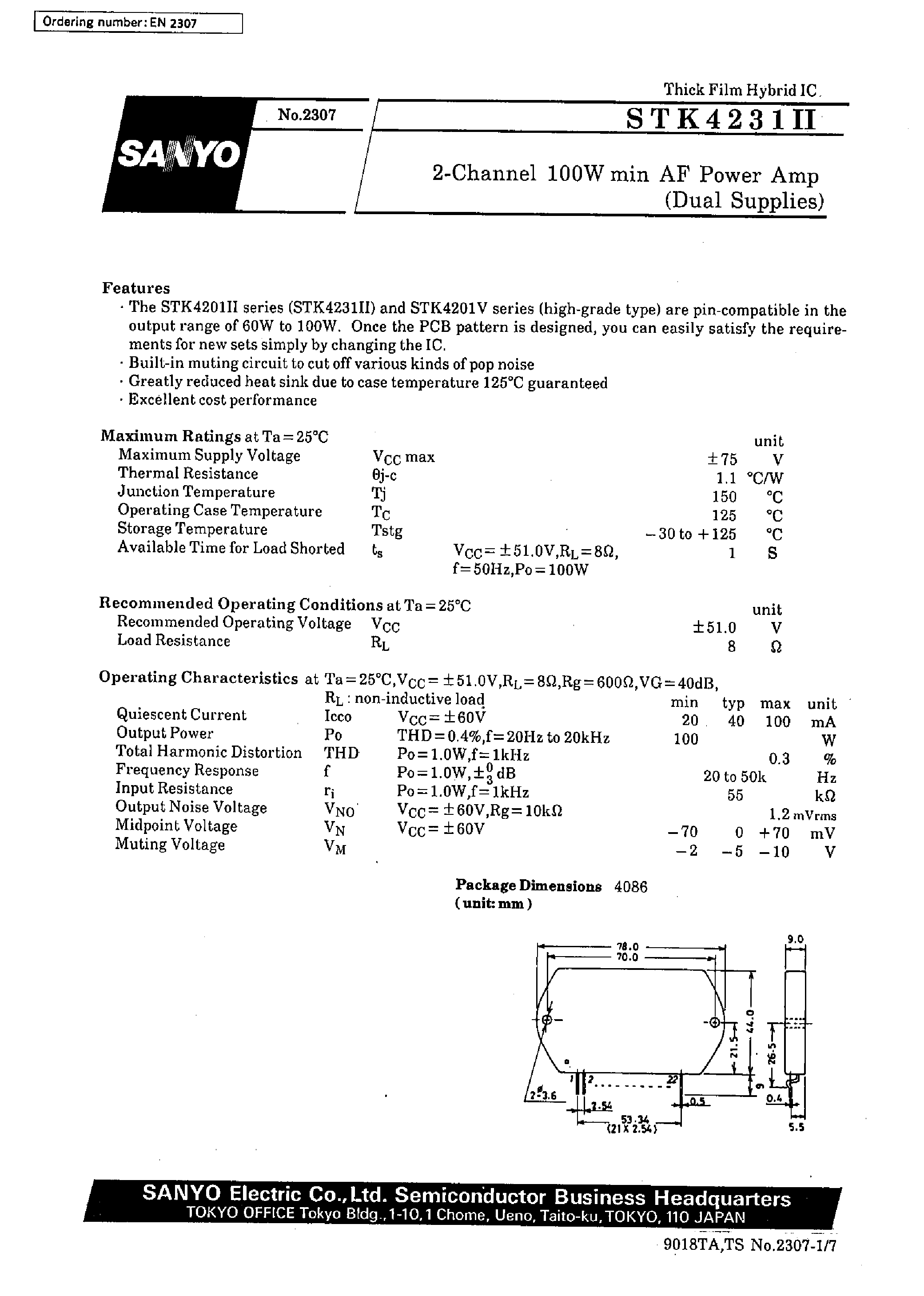 Datasheet STK4231II - 2ch AF Power Amplifier page 1