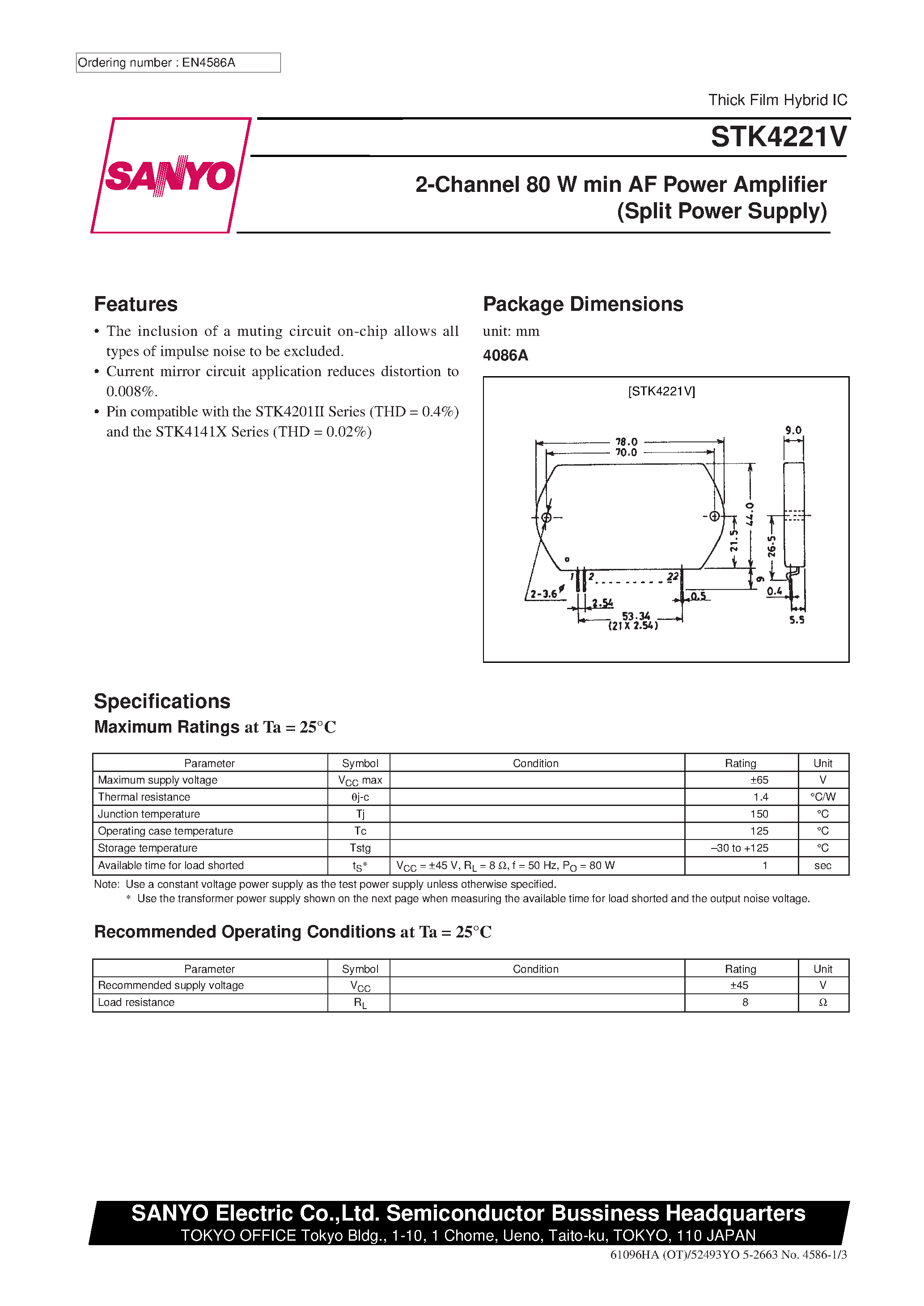 Даташит STK4221V - 2-Channel 80 W min AF Power Amplifier страница 1