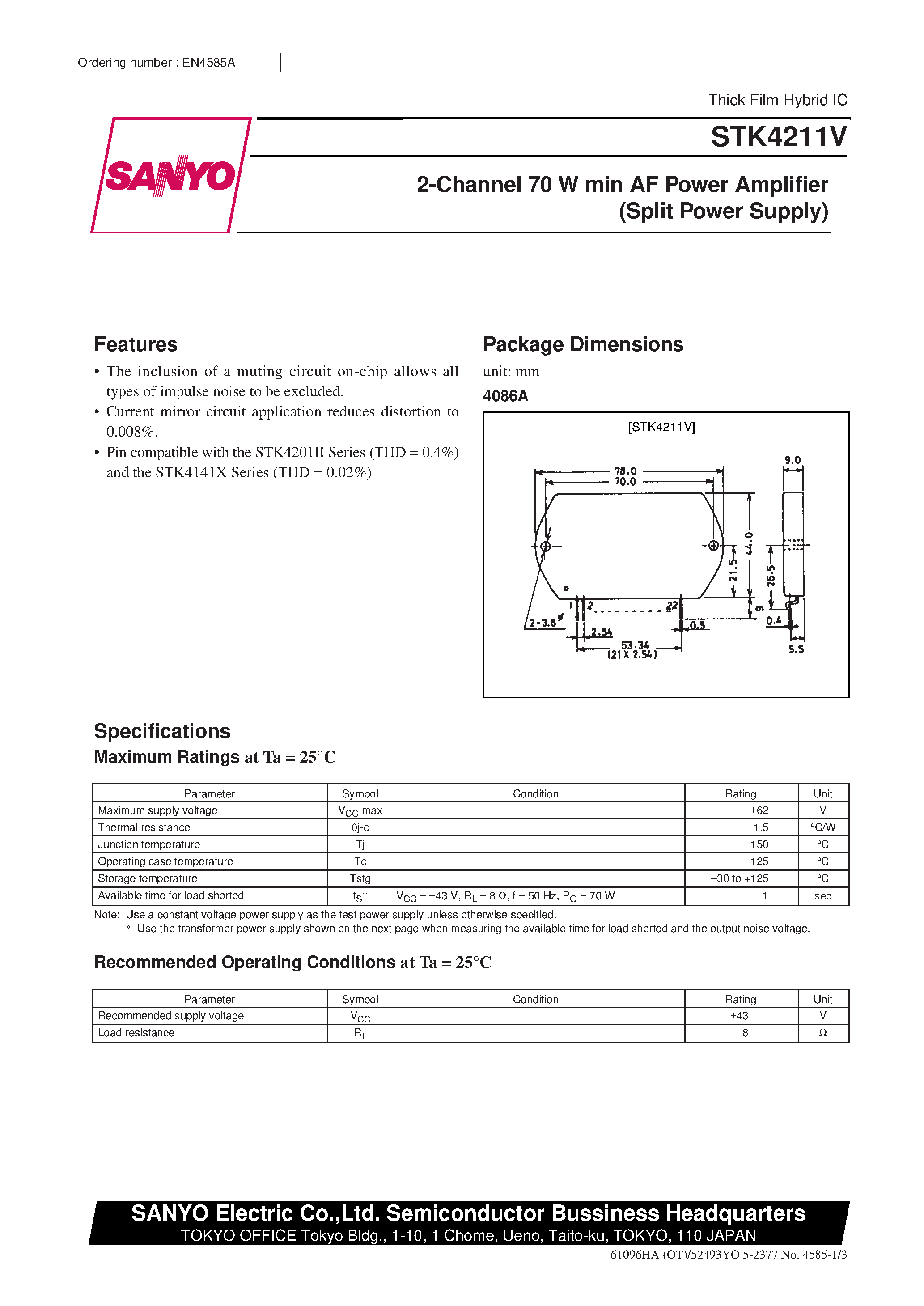 Даташит STK4211V - 2-Channel 70 W min AF Power Amplifier страница 1