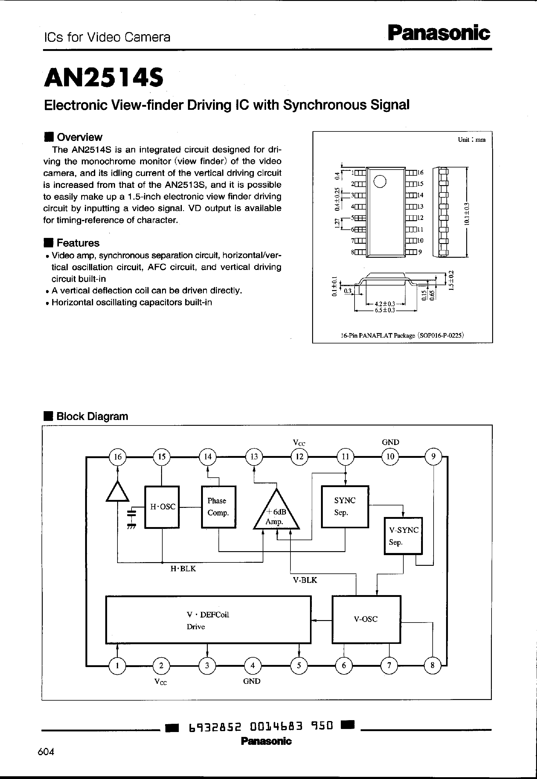 Даташит AN2514S - Electronic View-Finder Driving IC with Synchronous Signal страница 1