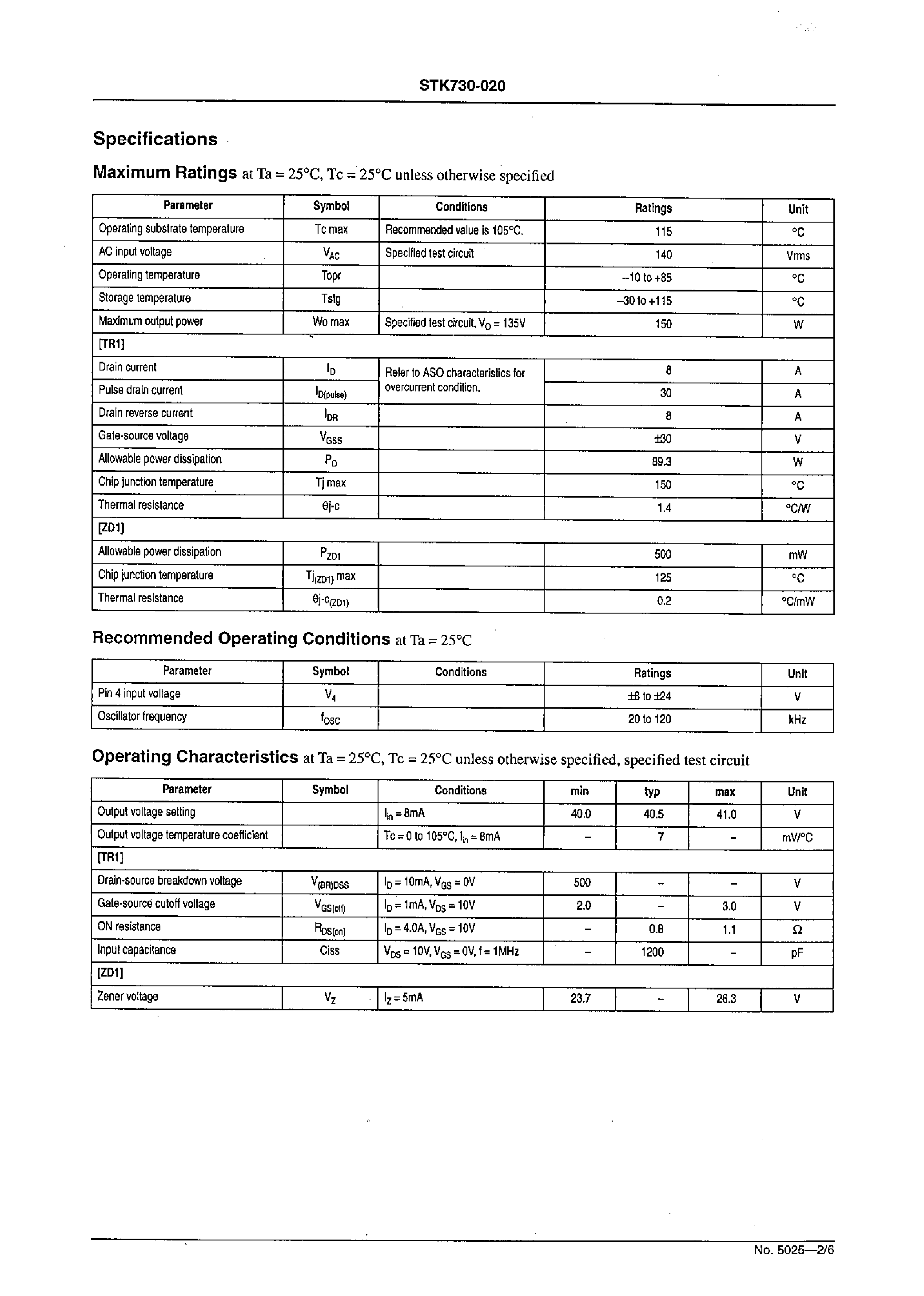 Datasheet STK730-020 - Self-Excitation Type Semi-Regulated Switching Regulator page 2