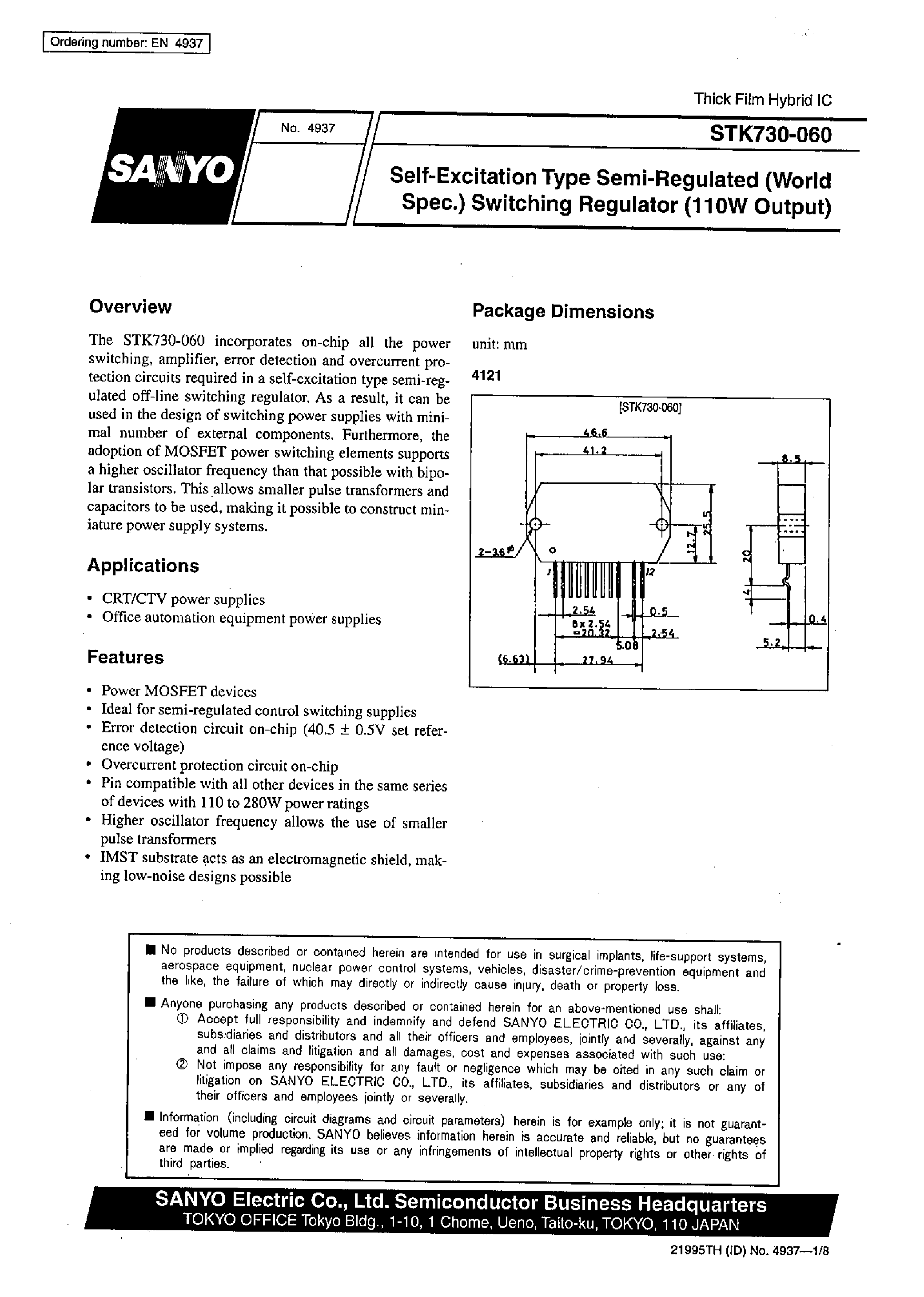 Datasheet STK730-060 - Self-Excitation Type Semi-Regulated (World Spec) Switching Regulator page 1